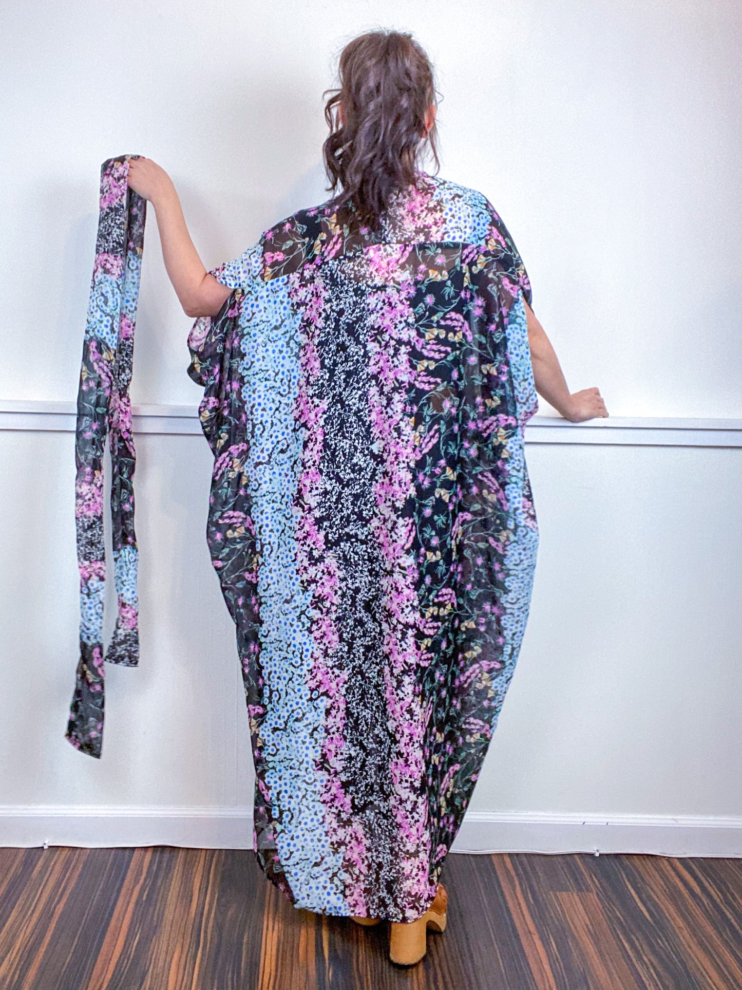 Print High Low Kimono Floral Stripe Crinkle Chiffon