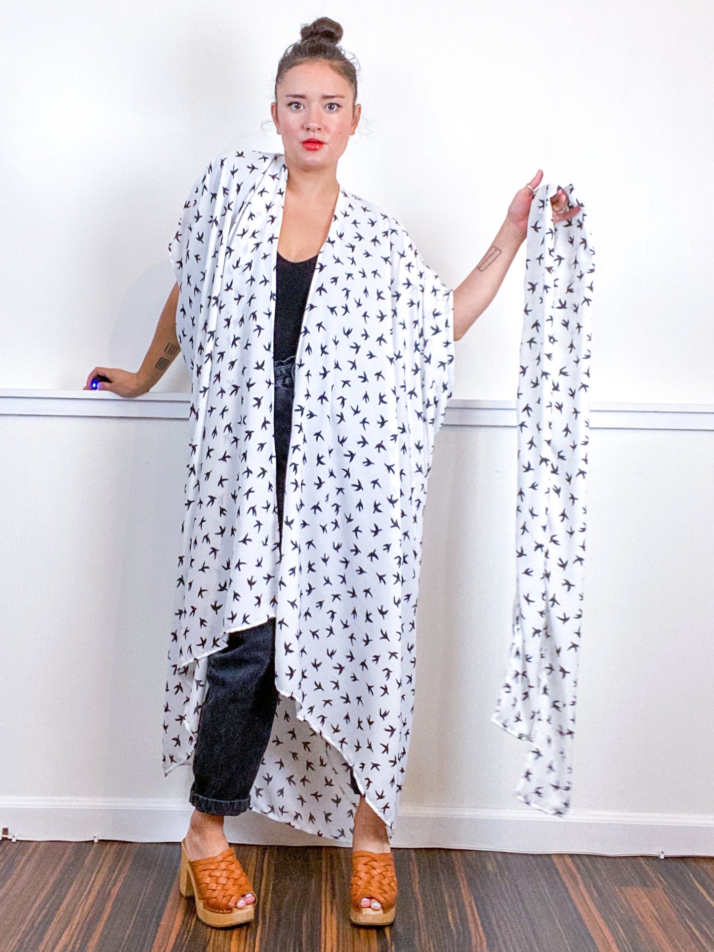 Print High Low Kimono Birds Georgette