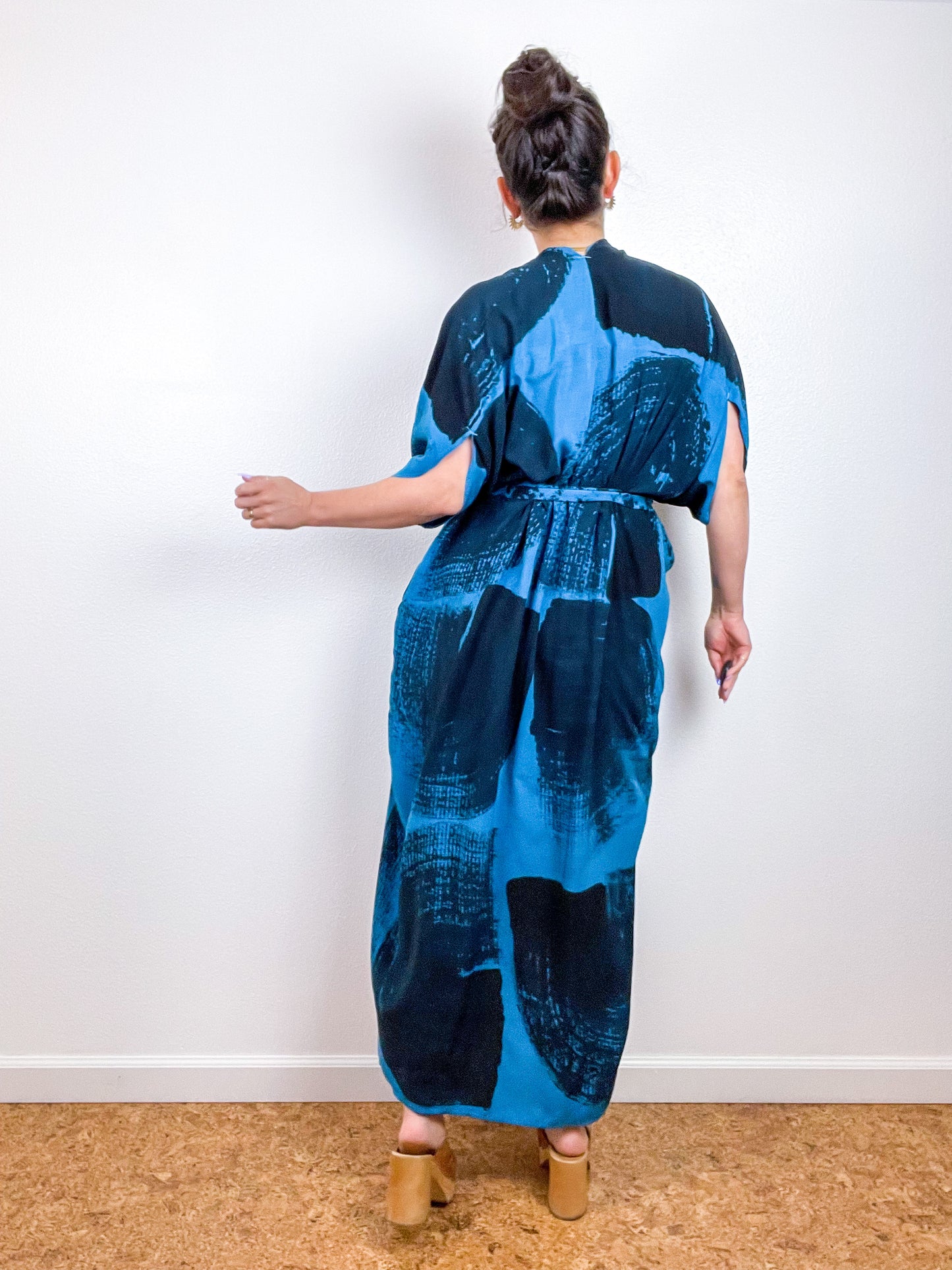 Hand-Dyed High Low Kimono Turquoise Black Brushstroke
