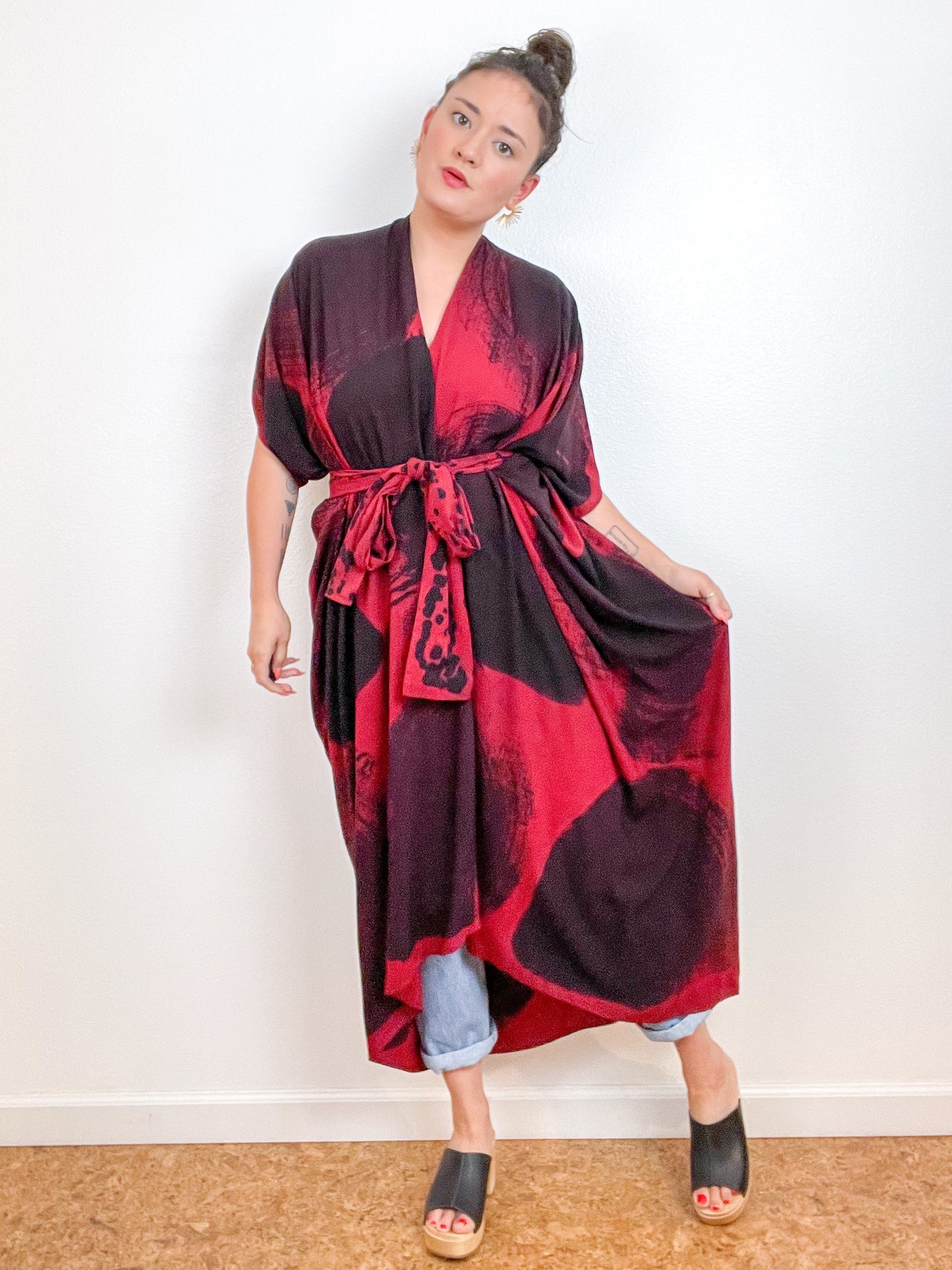 Hand-Dyed High Low Kimono Crimson Black Brushstroke
