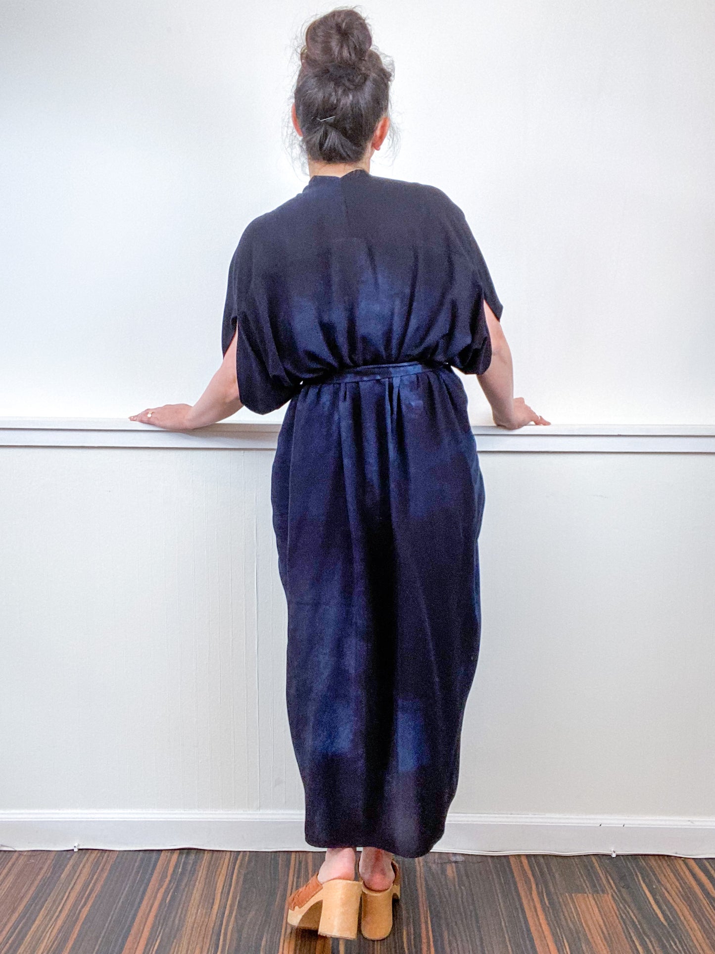 Hand-Dyed High Low Kimono Almost Solid Cool Black