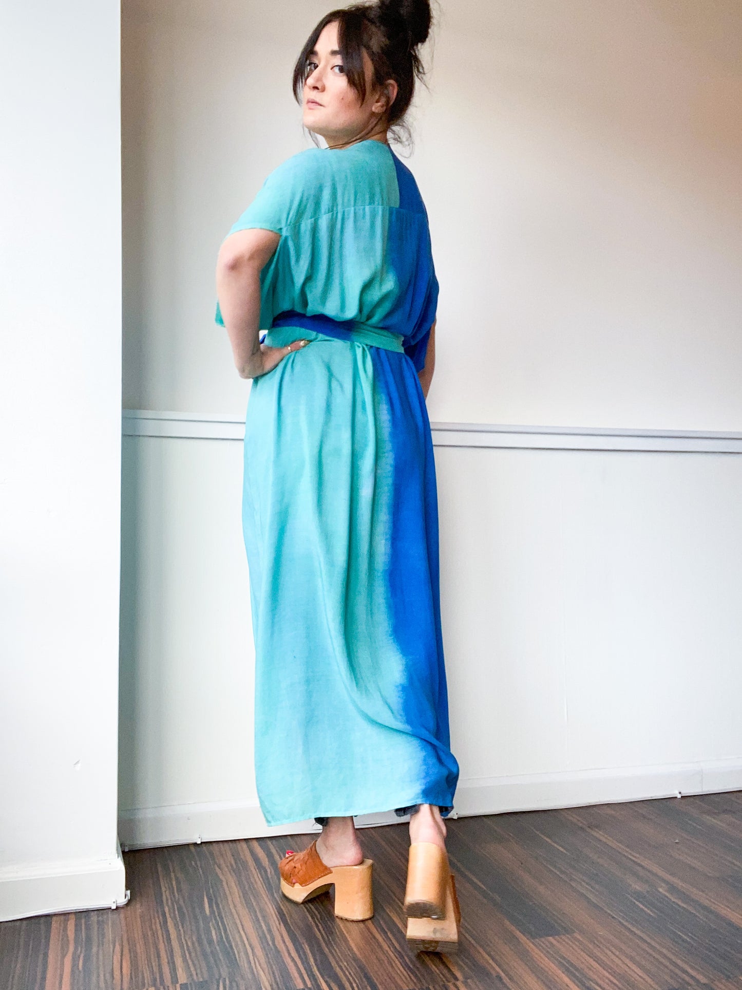 Hand-Dyed High Low Long Kimono 2-Tone Aqua Blue