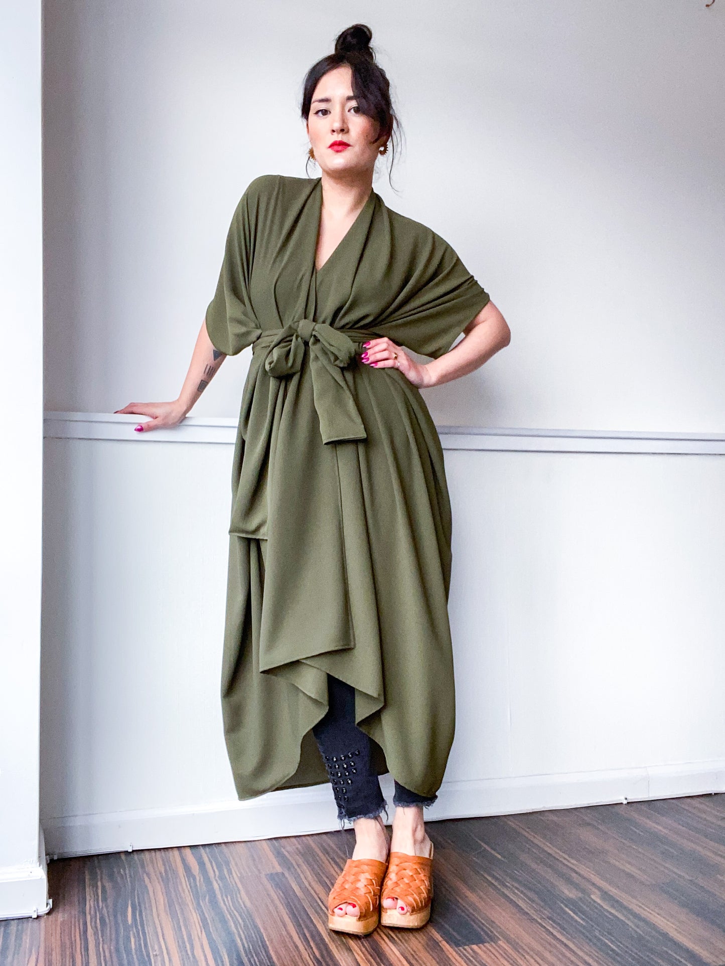Solid High Low Kimono Olive Bubble Crepe