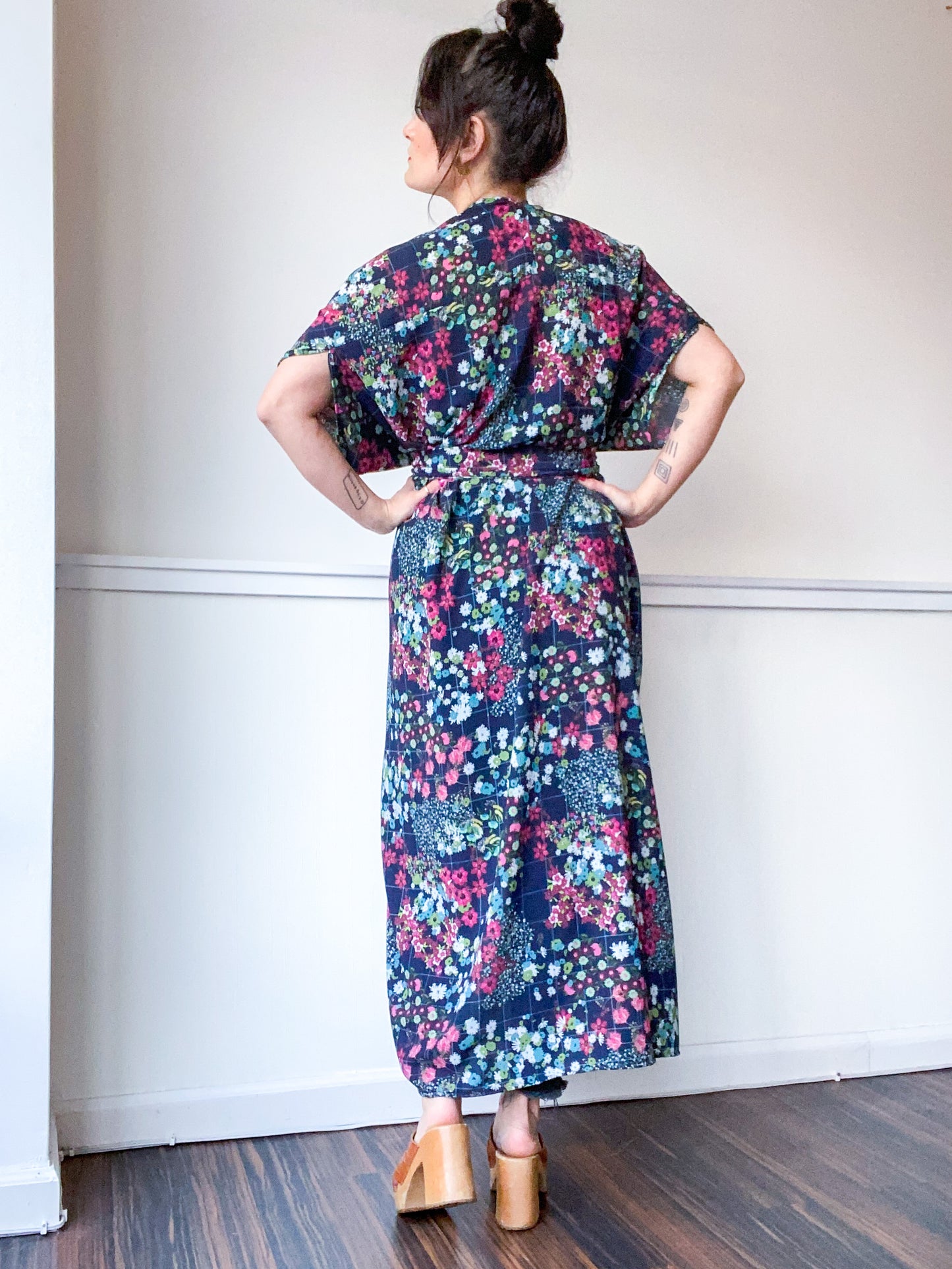 Print High Low Kimono Mini Floral Grid