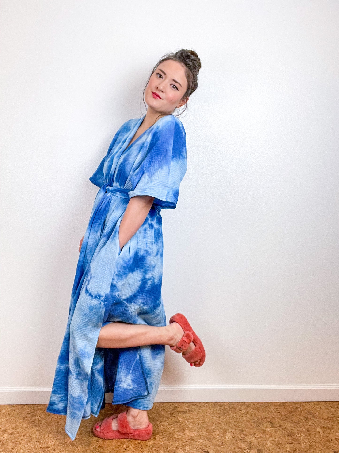 Double Gauze Duster Kimono Cerulean Tie
