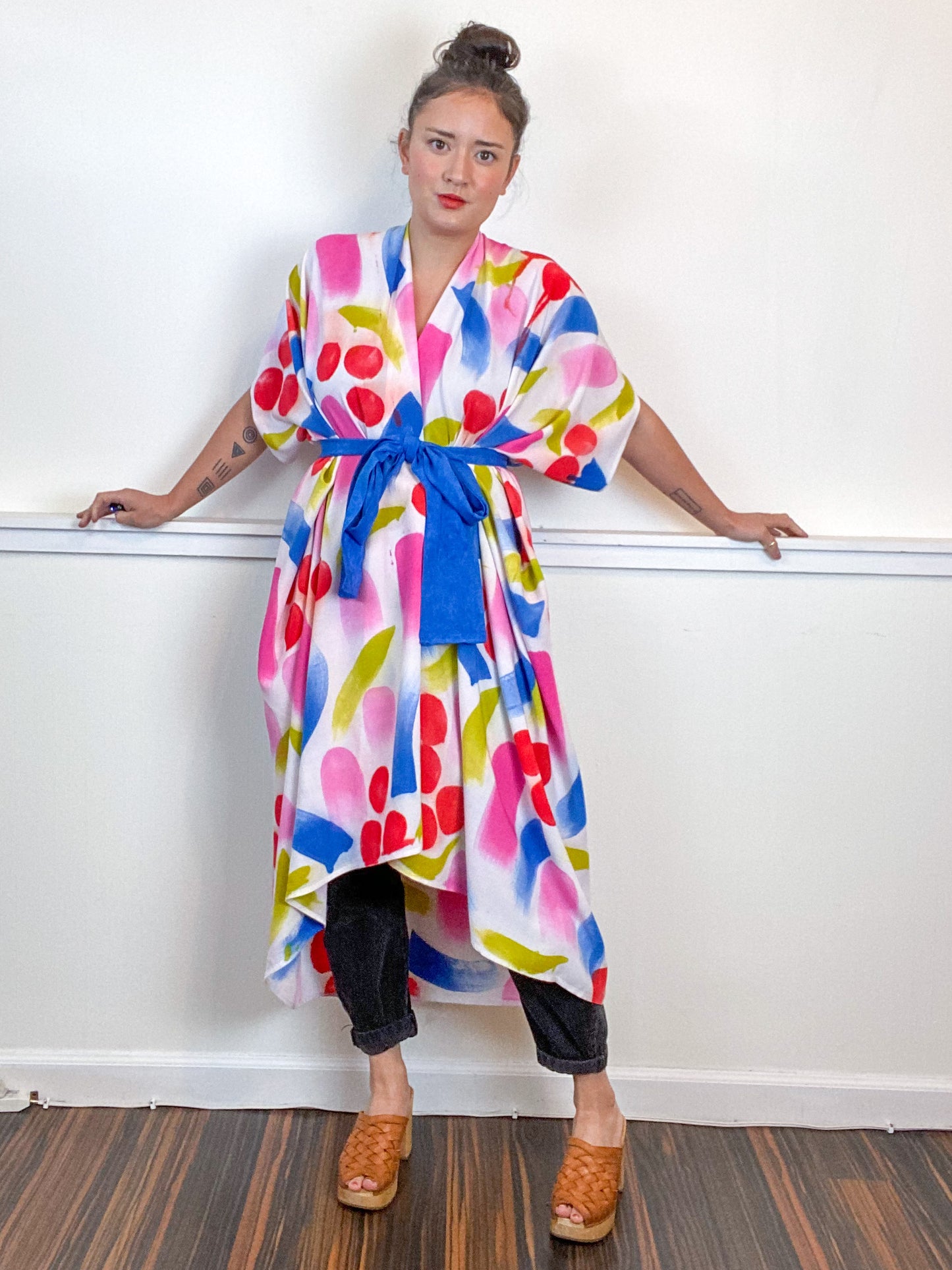 OOAK Hand-Dyed High Low Kimono Scarlet Pink Chartreuse Sky