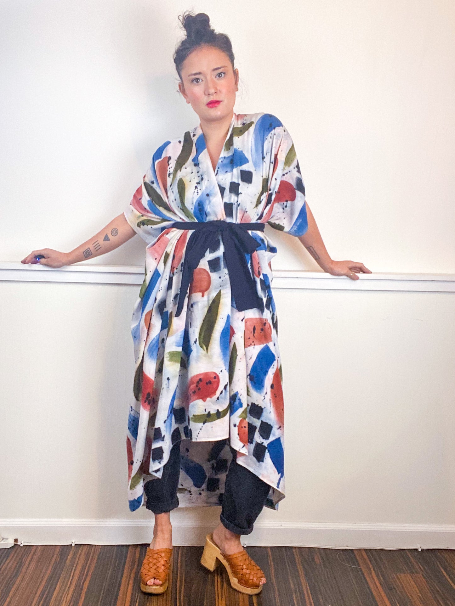 OOAK Hand-Dyed High Low Kimono Terracotta Moss Denim Raven