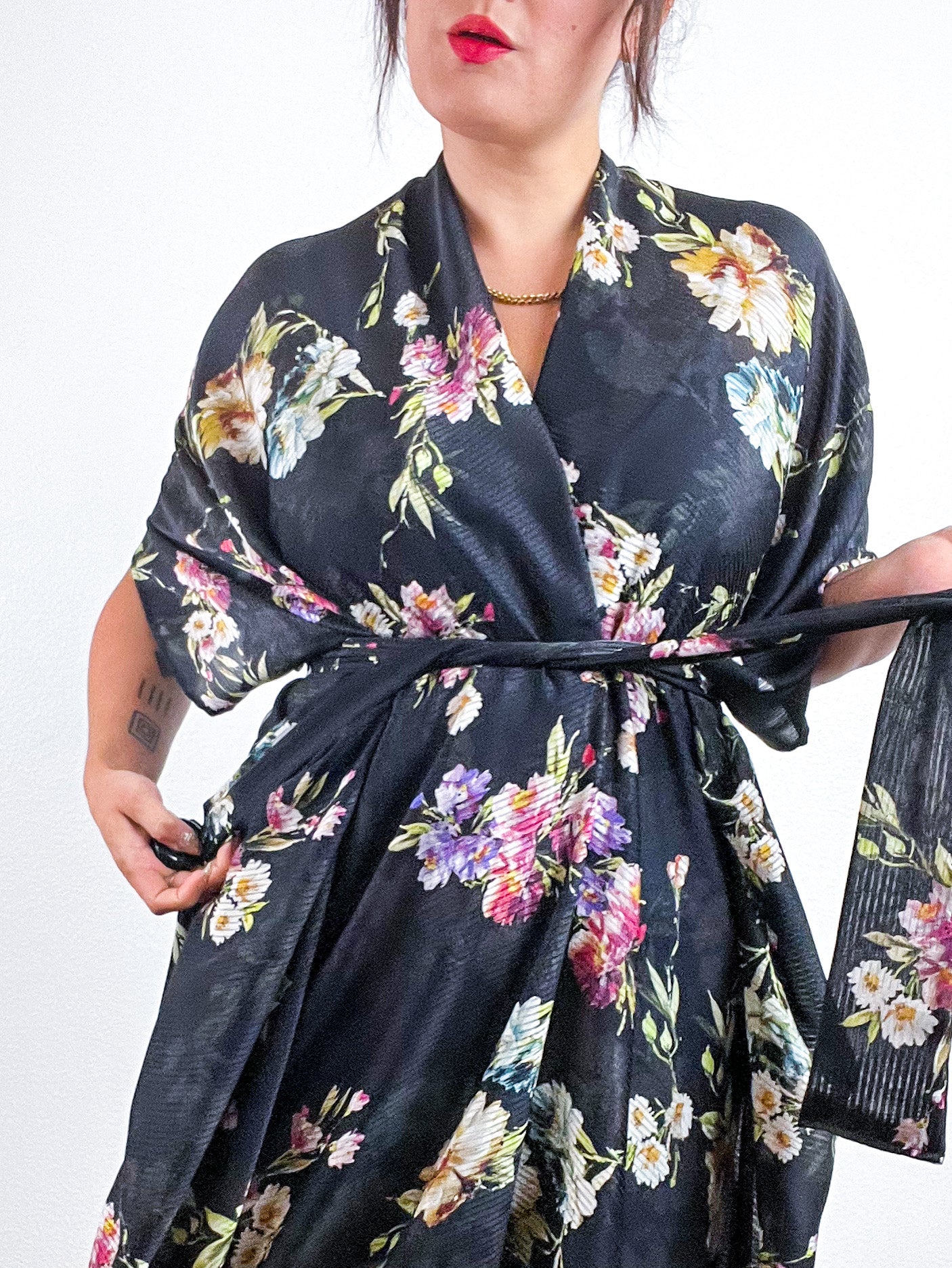 Print High Low Kimono Black Floral Stripe Chiffon