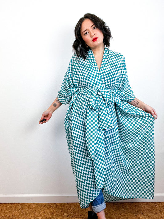 Print High Low Kimono Green Checker Chiffon