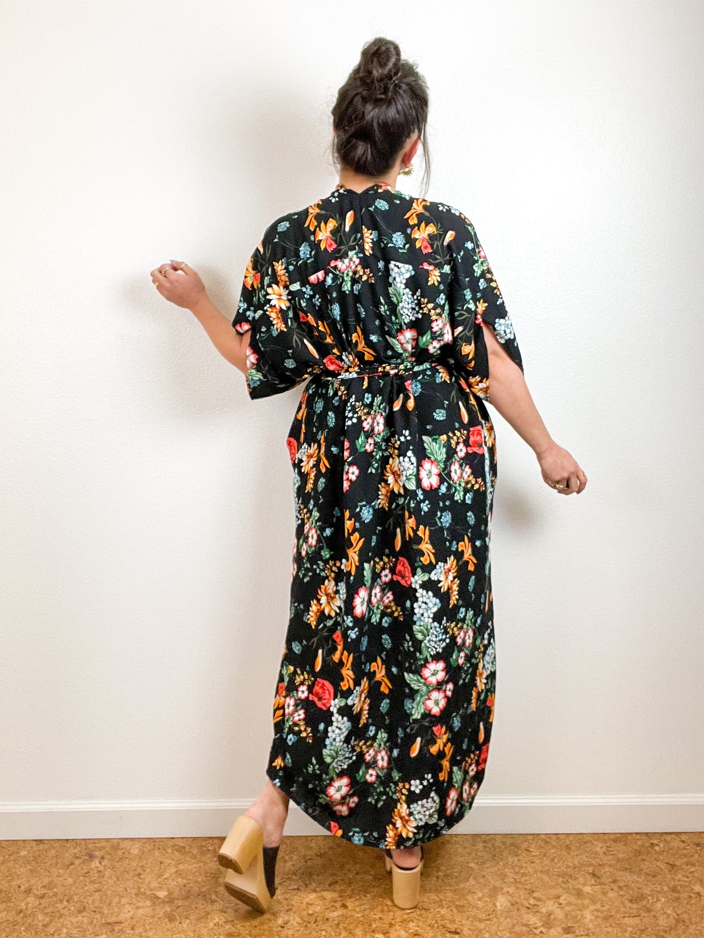 High Low Kimono Black Botanical Rayon Challis