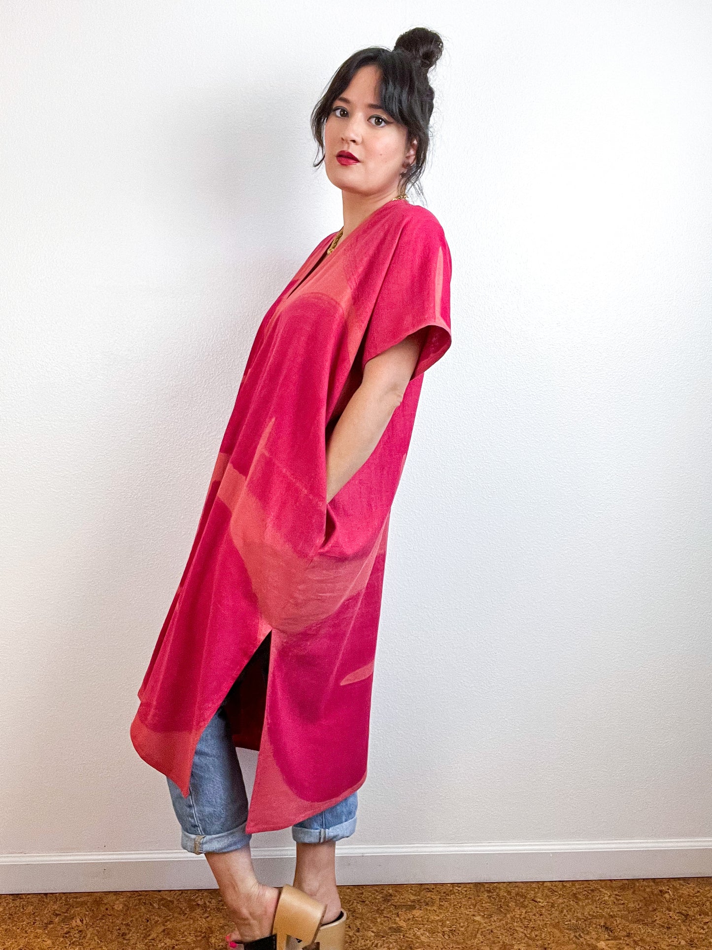 Hand-Dyed Midi Smock Dress Orange Fuchsia Brush