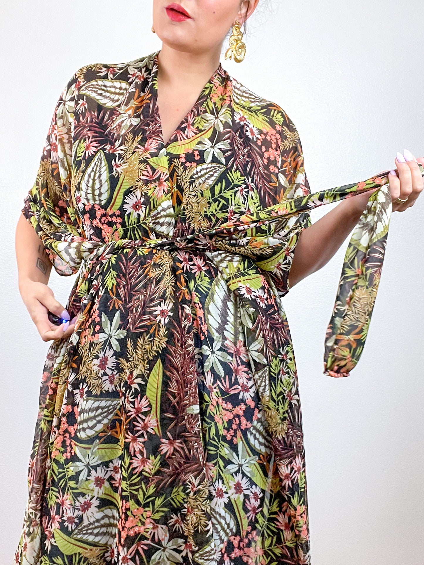 Print High Low Kimono Black Green Tropical Chiffon