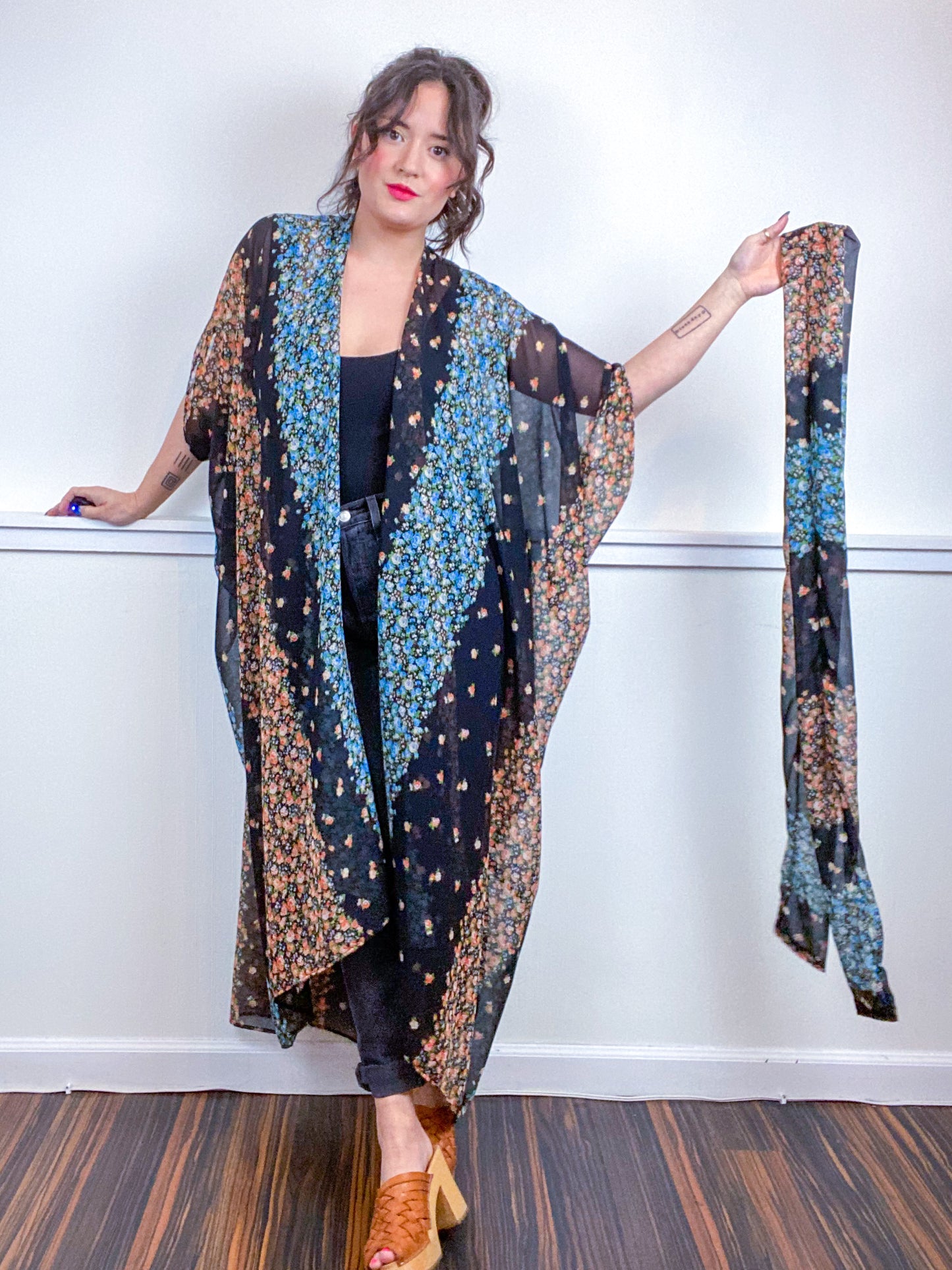 Print High Low Kimono Floral Stripe Chiffon