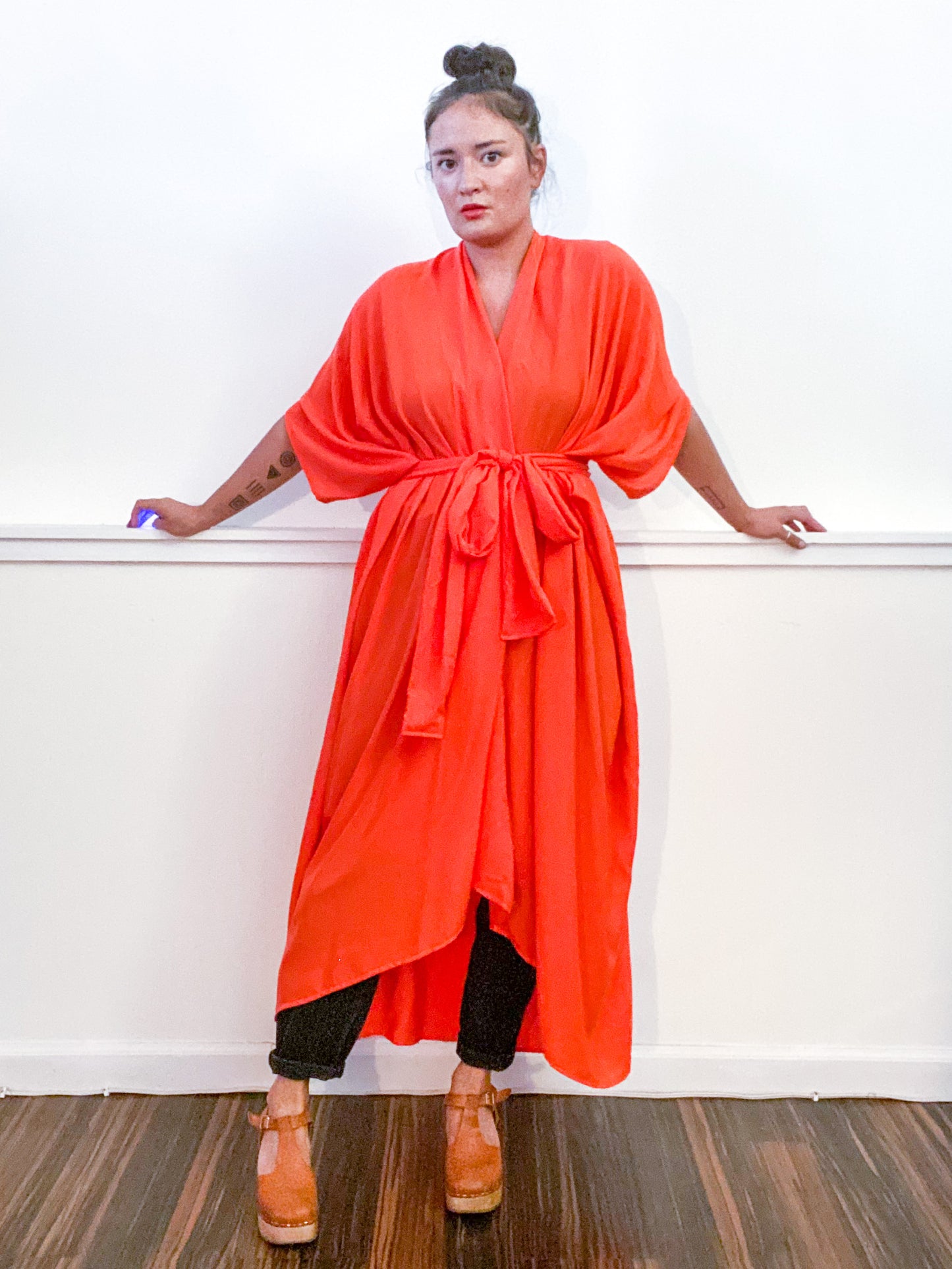 Solid High Low Kimono Tangerine Rayon Challis
