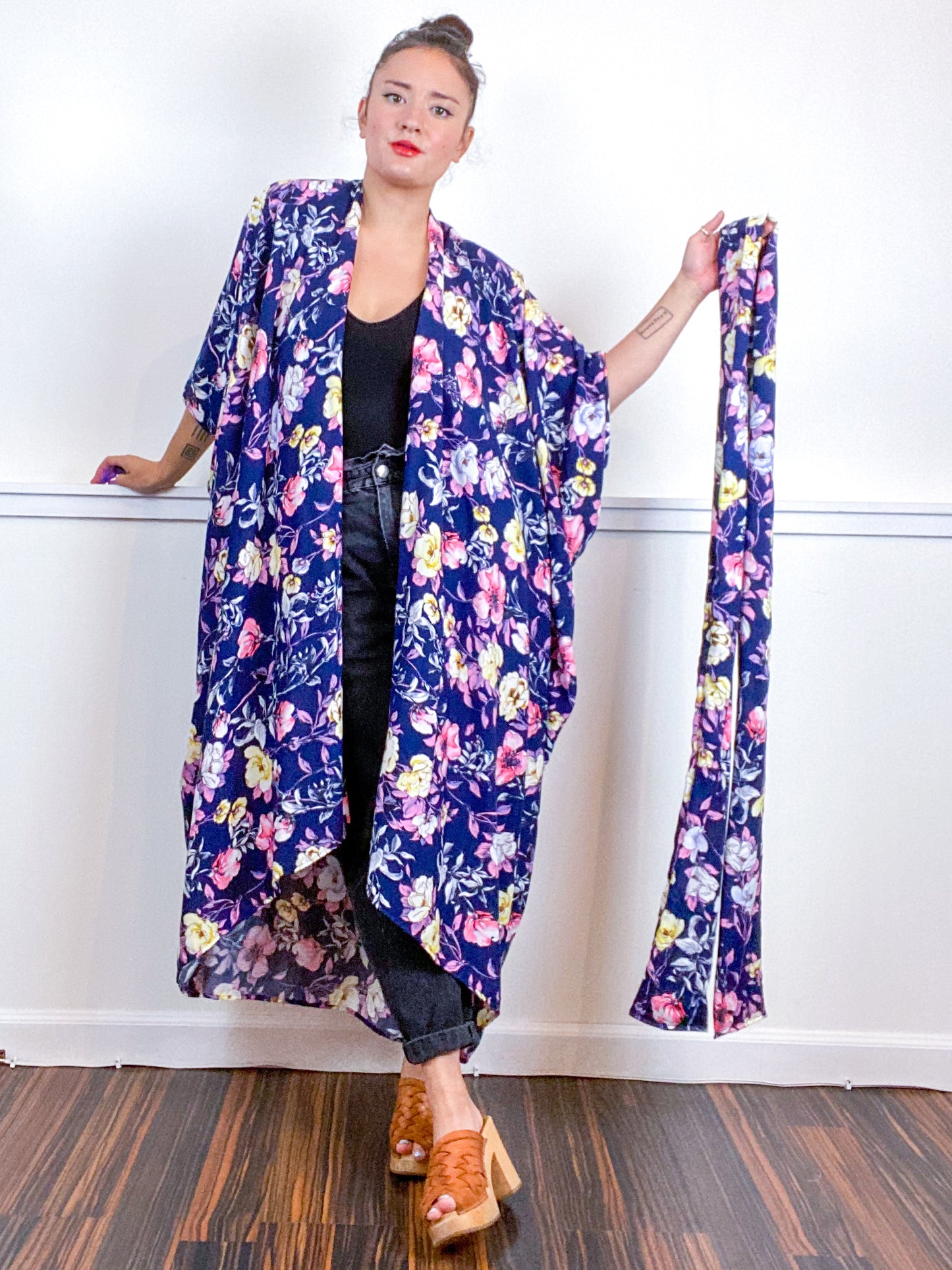 Print High Low Kimono Navy Pink Floral Rayon Challis