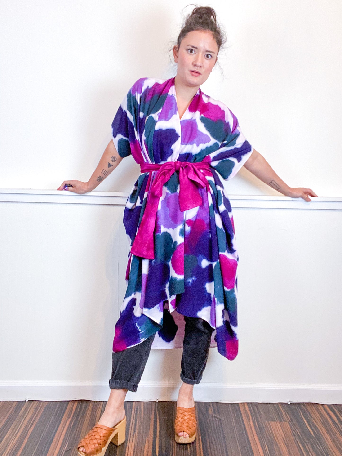 OOAK Hand-Dyed High Low Kimono Orchid Amethyst Indigo Kingfisher Inkblot