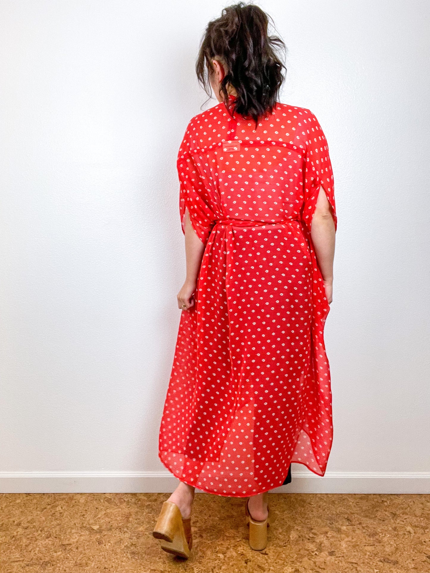 Print High Low Kimono Scarlet Circles Crinkle Chiffon