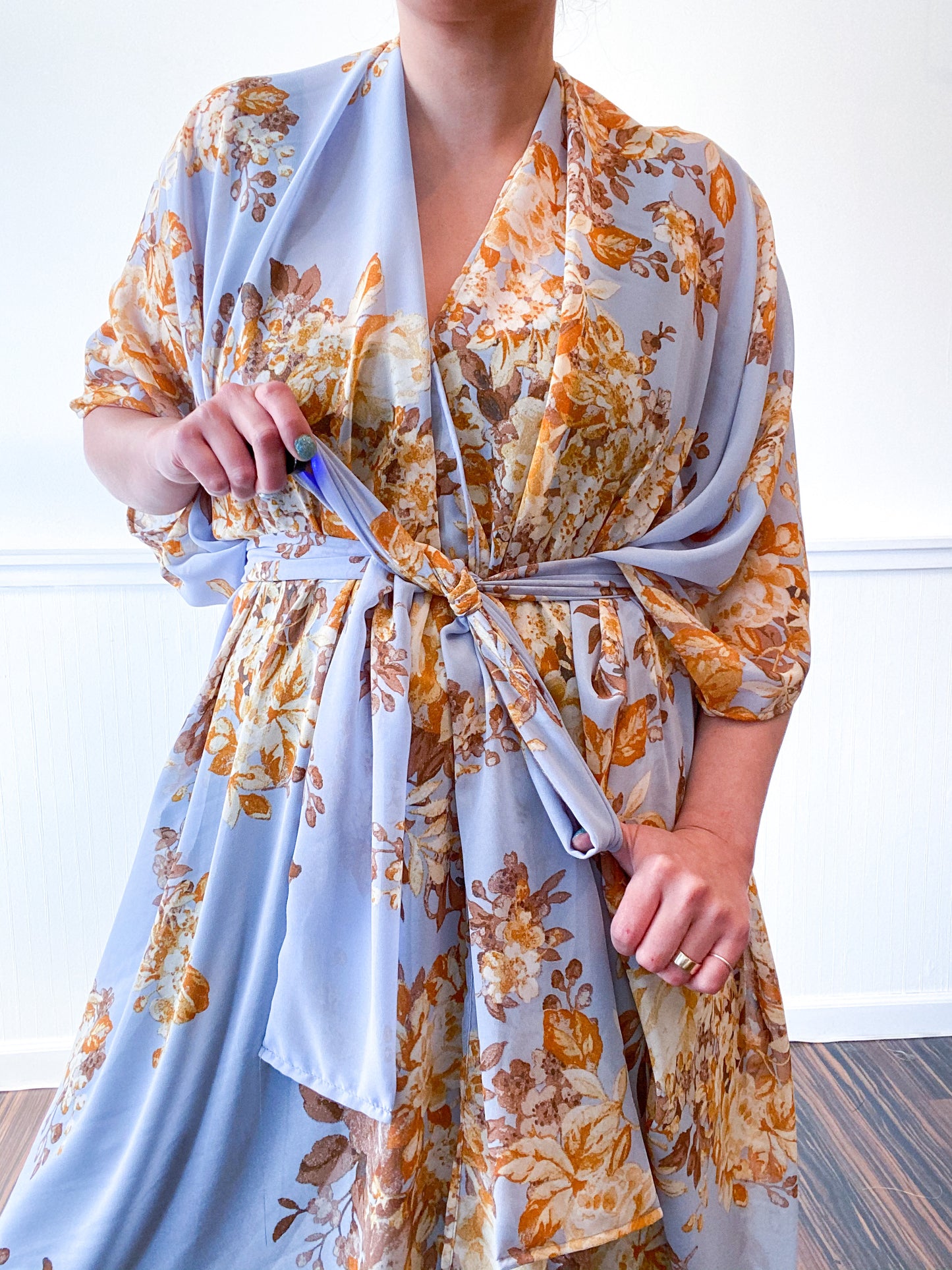 Print High Low Kimono Powder Blue and Amber Floral Chiffon