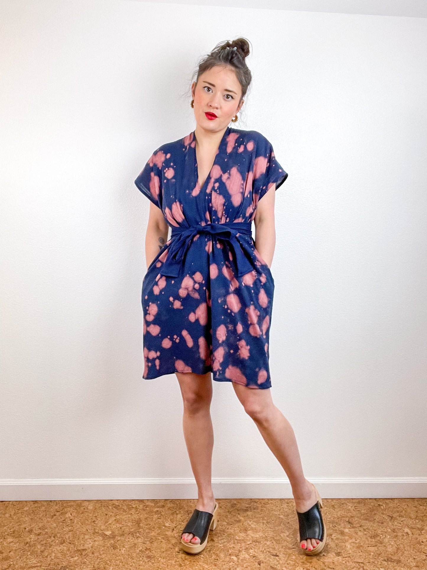 Single Gauze Mini Caftan Dress Navy Peach