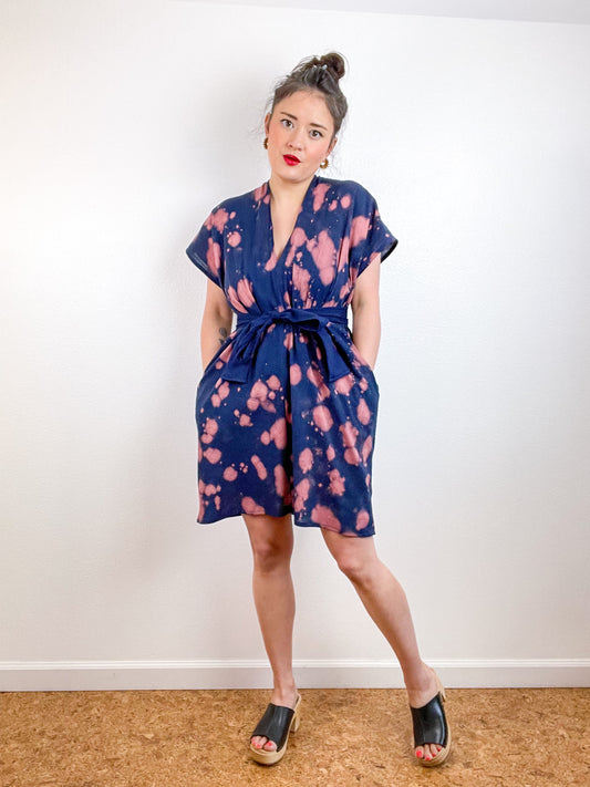 Single Gauze Mini Caftan Dress Navy Peach