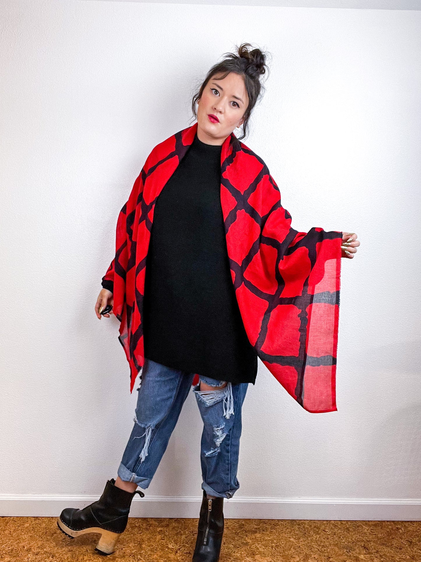 Hand-Dyed Cotton Voile Scarf Red Black Windowpane
