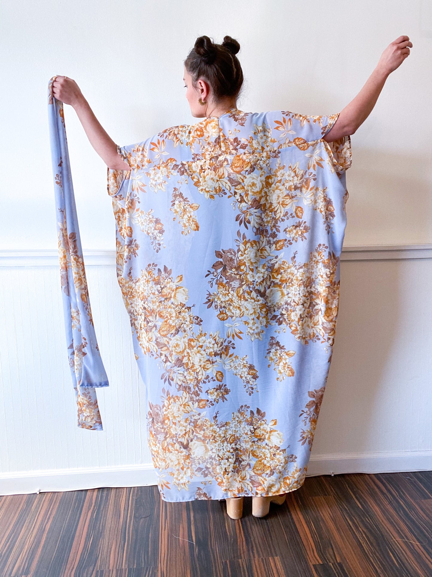 Print High Low Kimono Powder Blue and Amber Floral Chiffon
