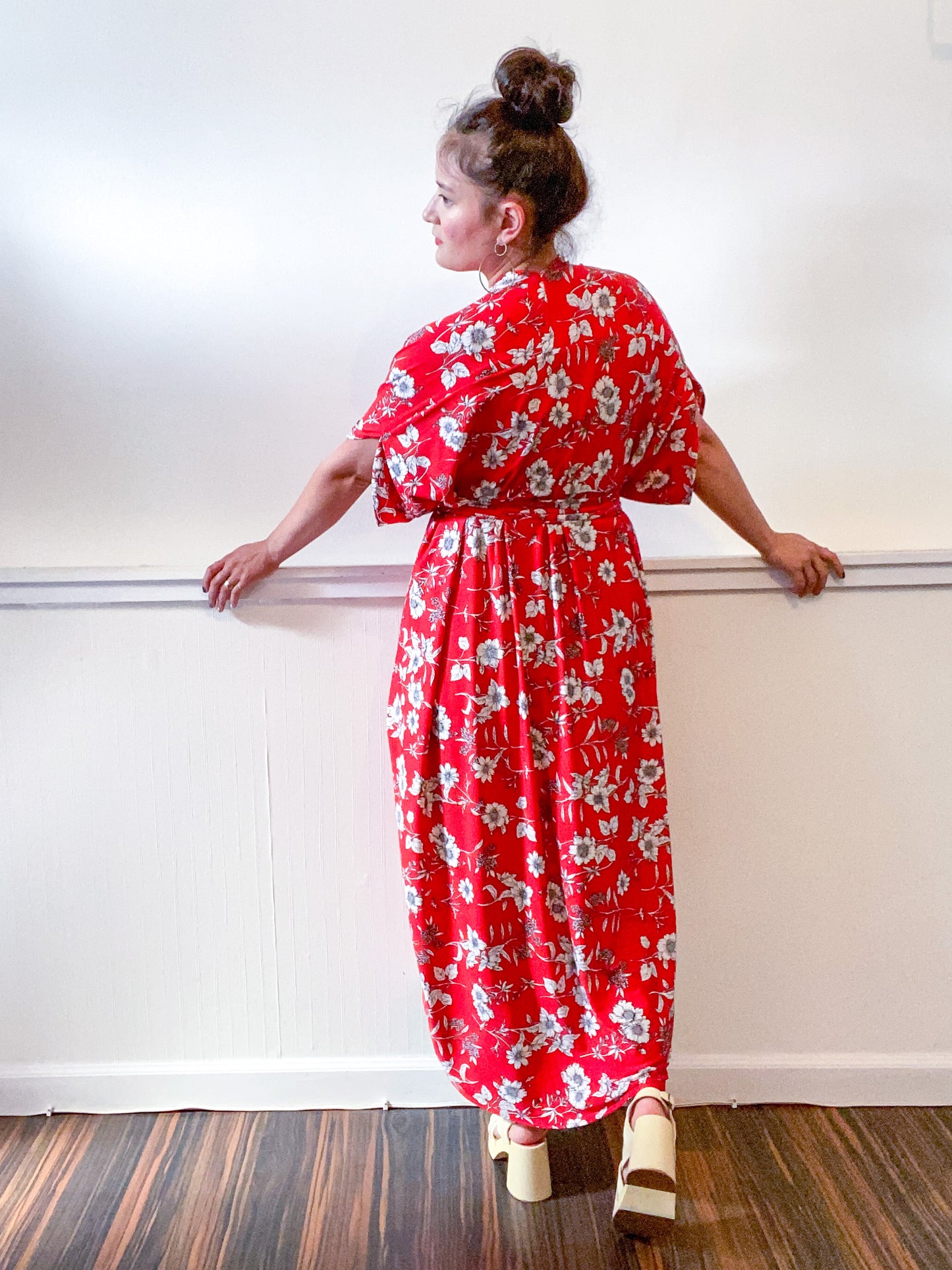 Print High Low Kimono Red Floral Slinky Knit