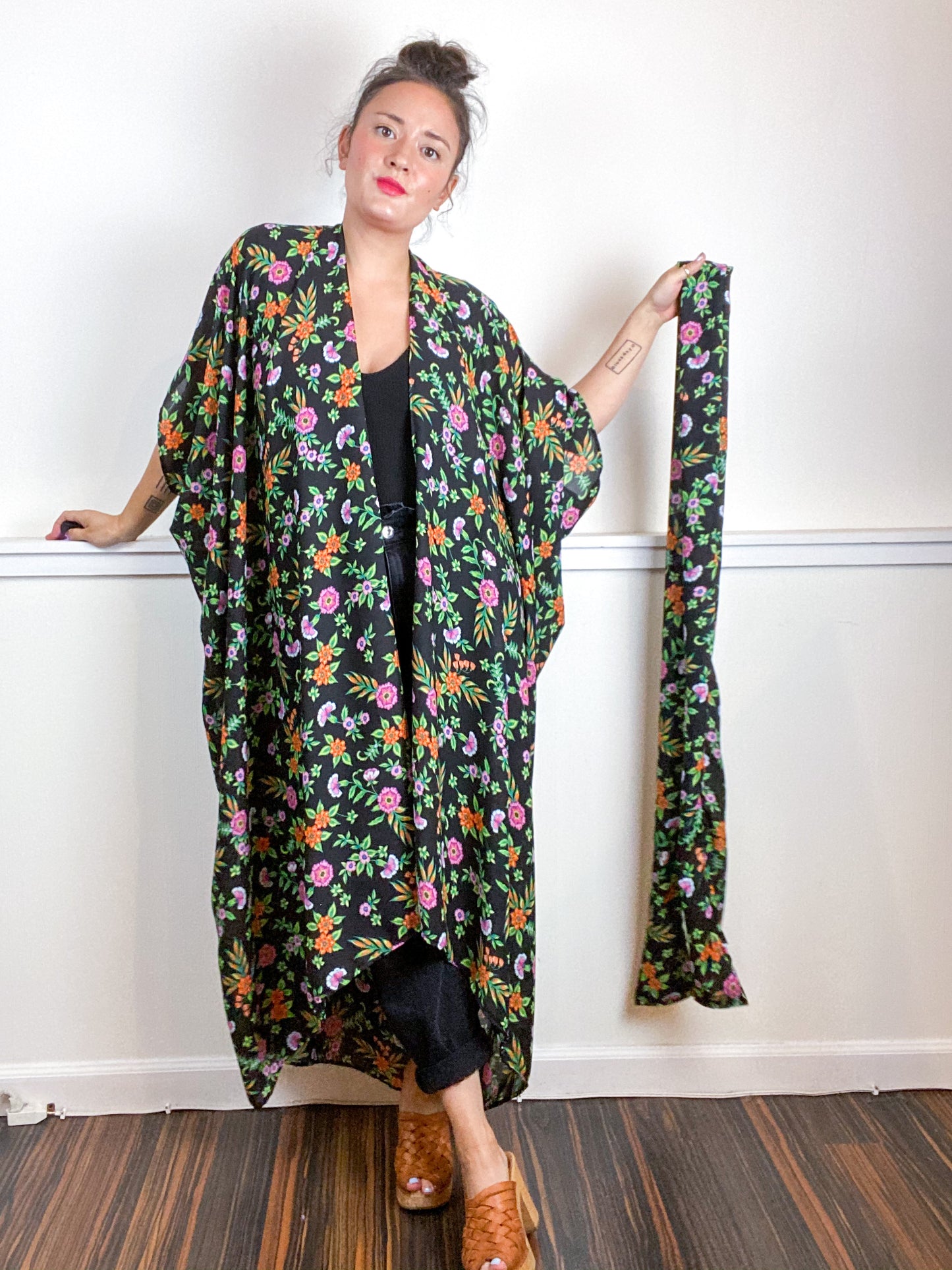 Print High Low Kimono Black Green Floral Georgette