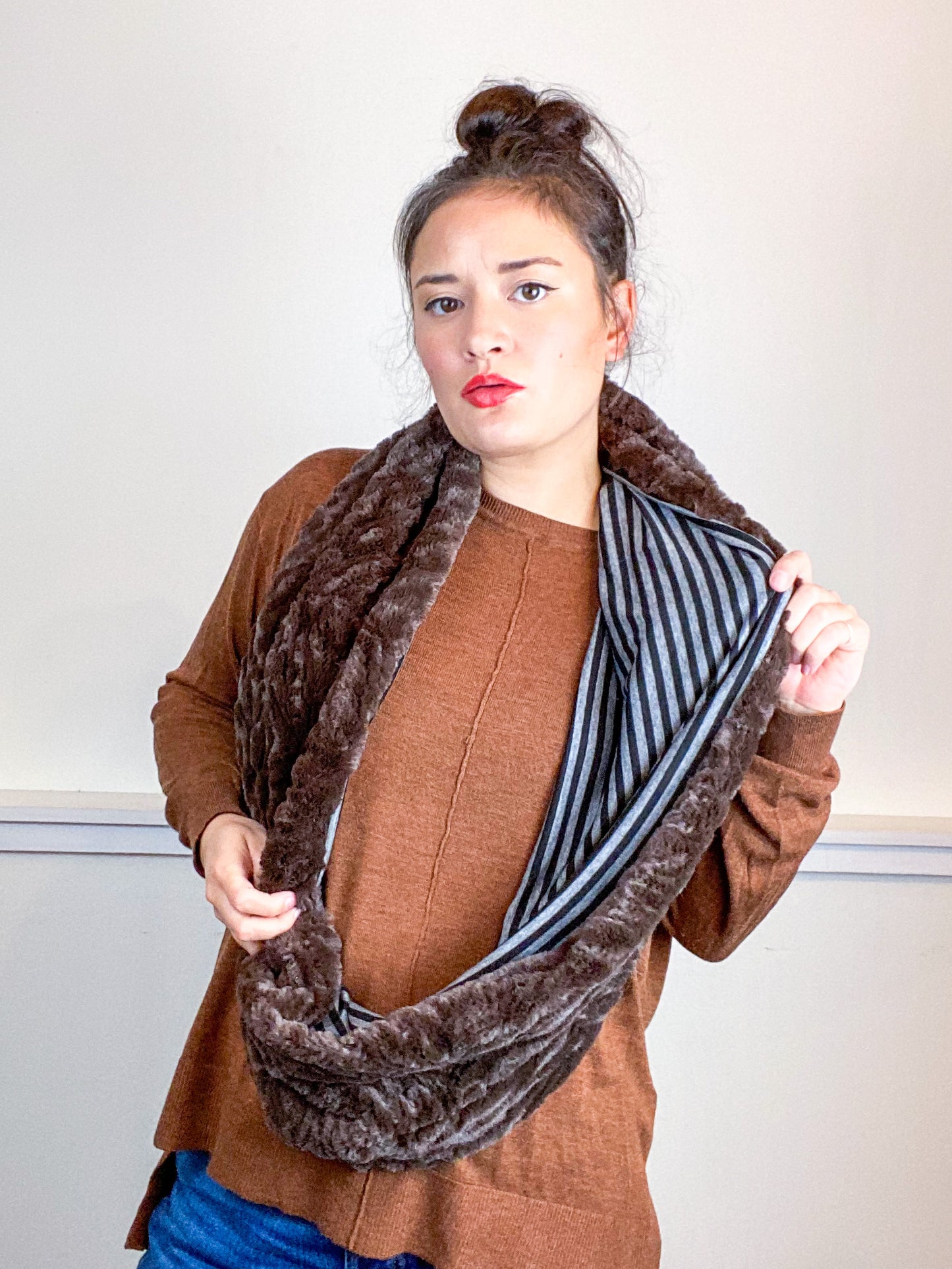 Faux Fur Circle Scarf Brown on Black Stripes