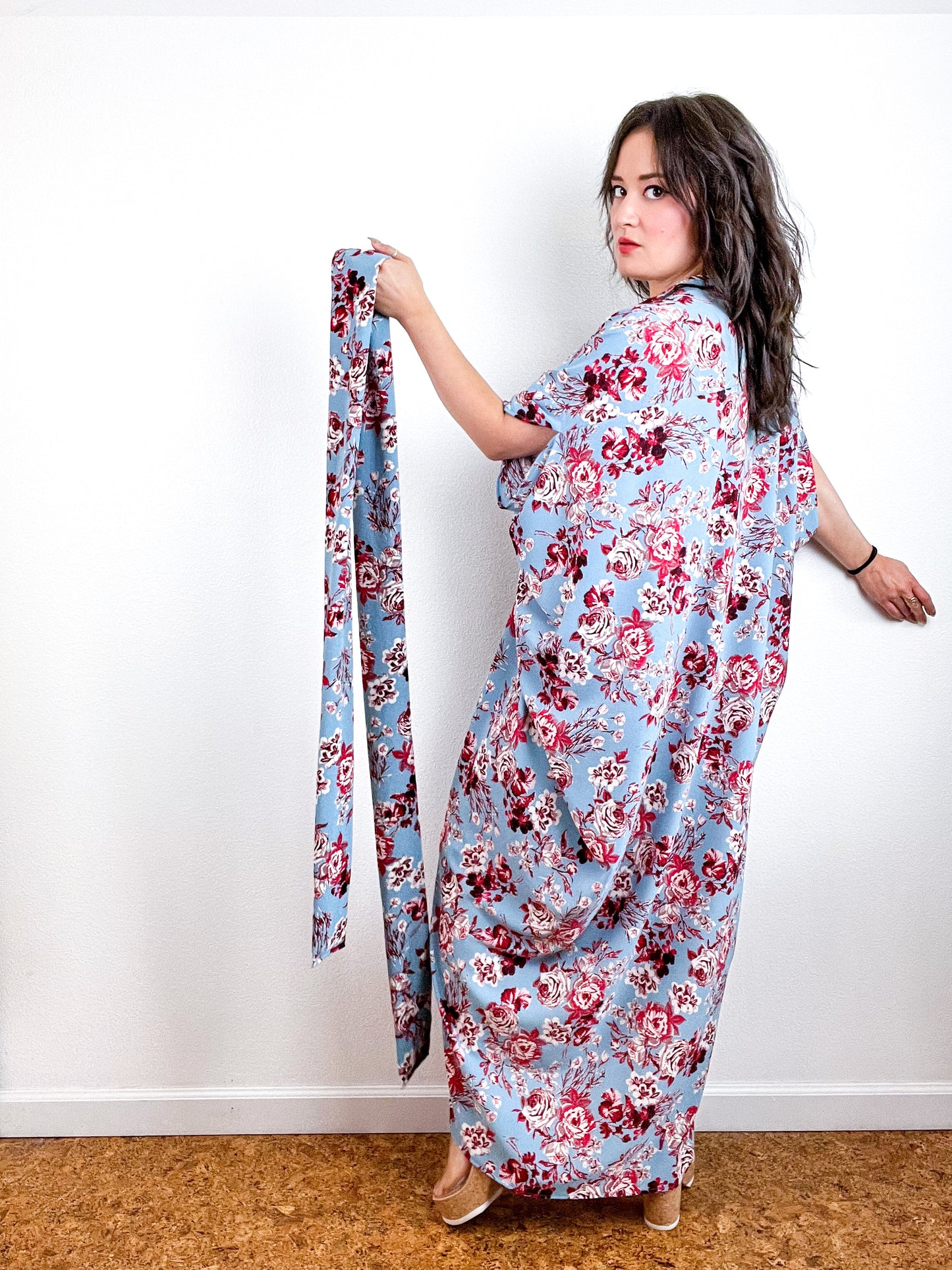 Print High Low Kimono Periwinkle Red Floral Bubble Crepe