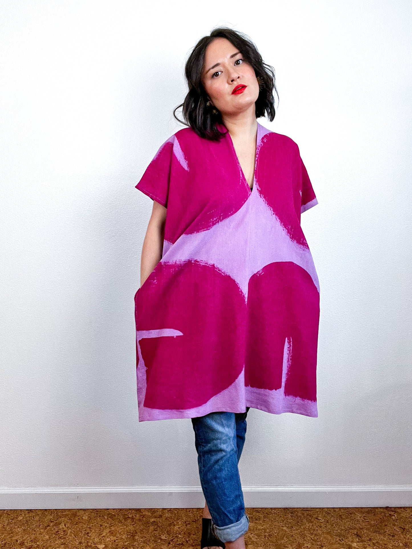 Hand-Dyed Mini Smock Dress Lilac Fuchsia Brush