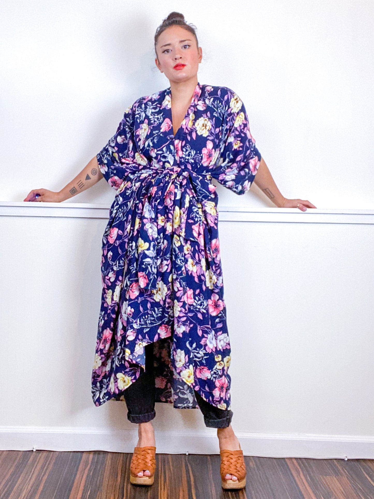 Print High Low Kimono Navy Pink Floral Rayon Challis