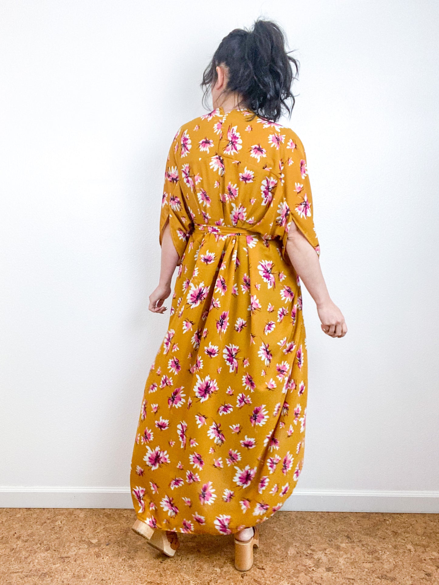 Print High Low Kimono Golden Floral Crepe