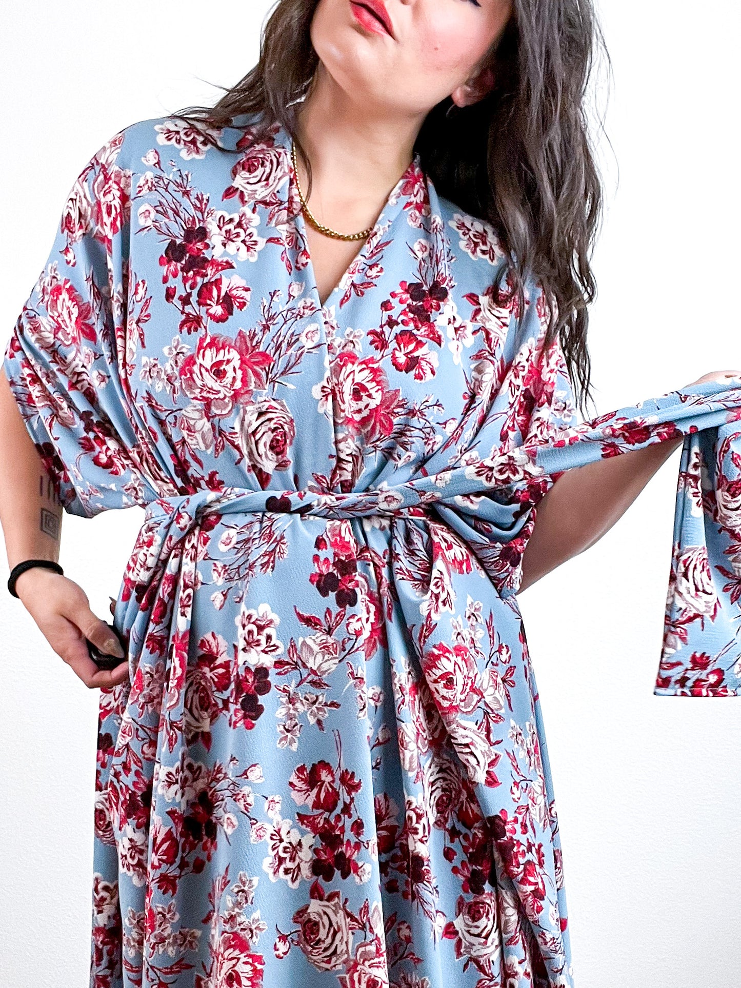 Print High Low Kimono Periwinkle Red Floral Bubble Crepe