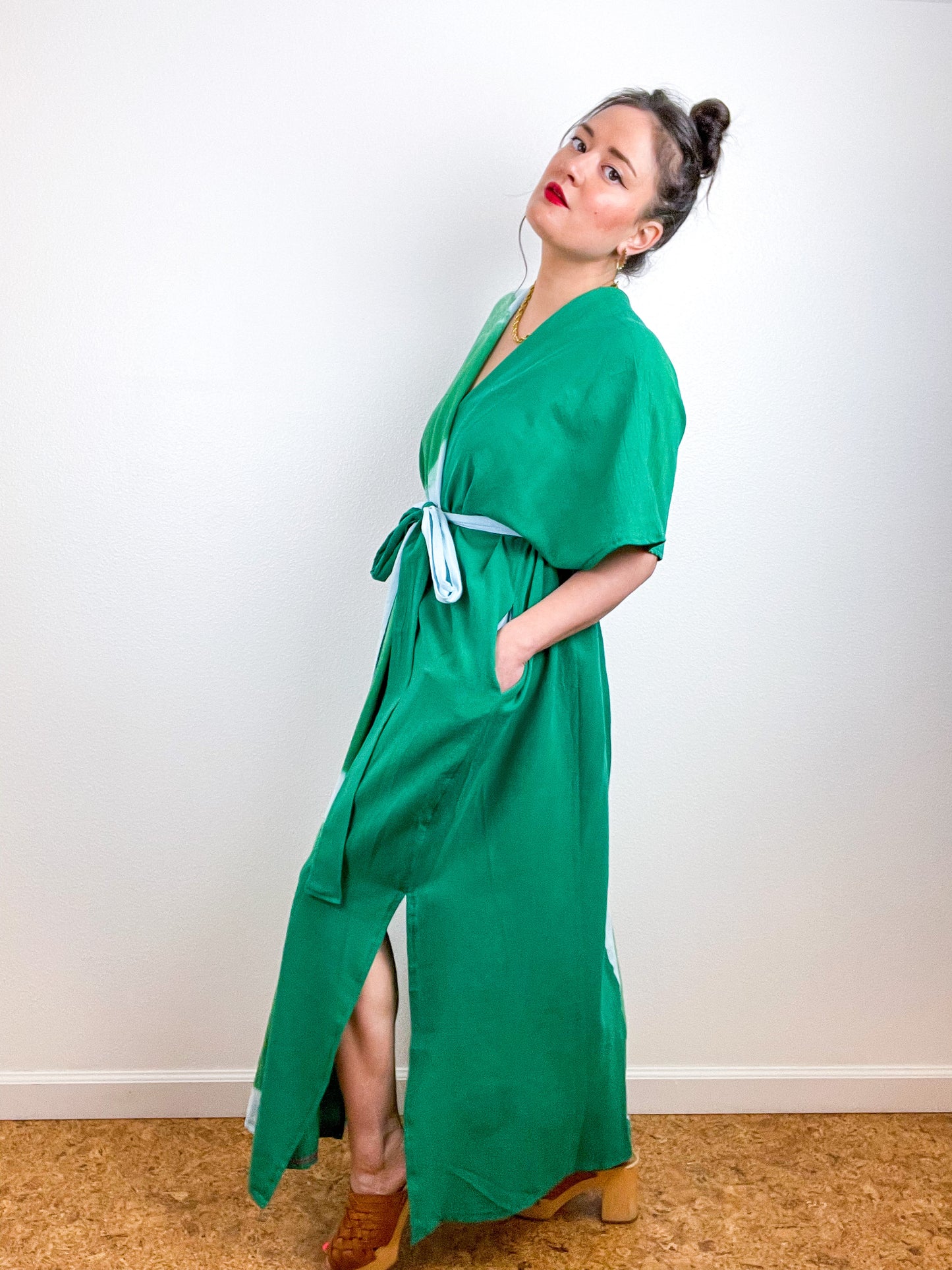 Single Gauze Duster Kimono Green Aqua Brushstrokes