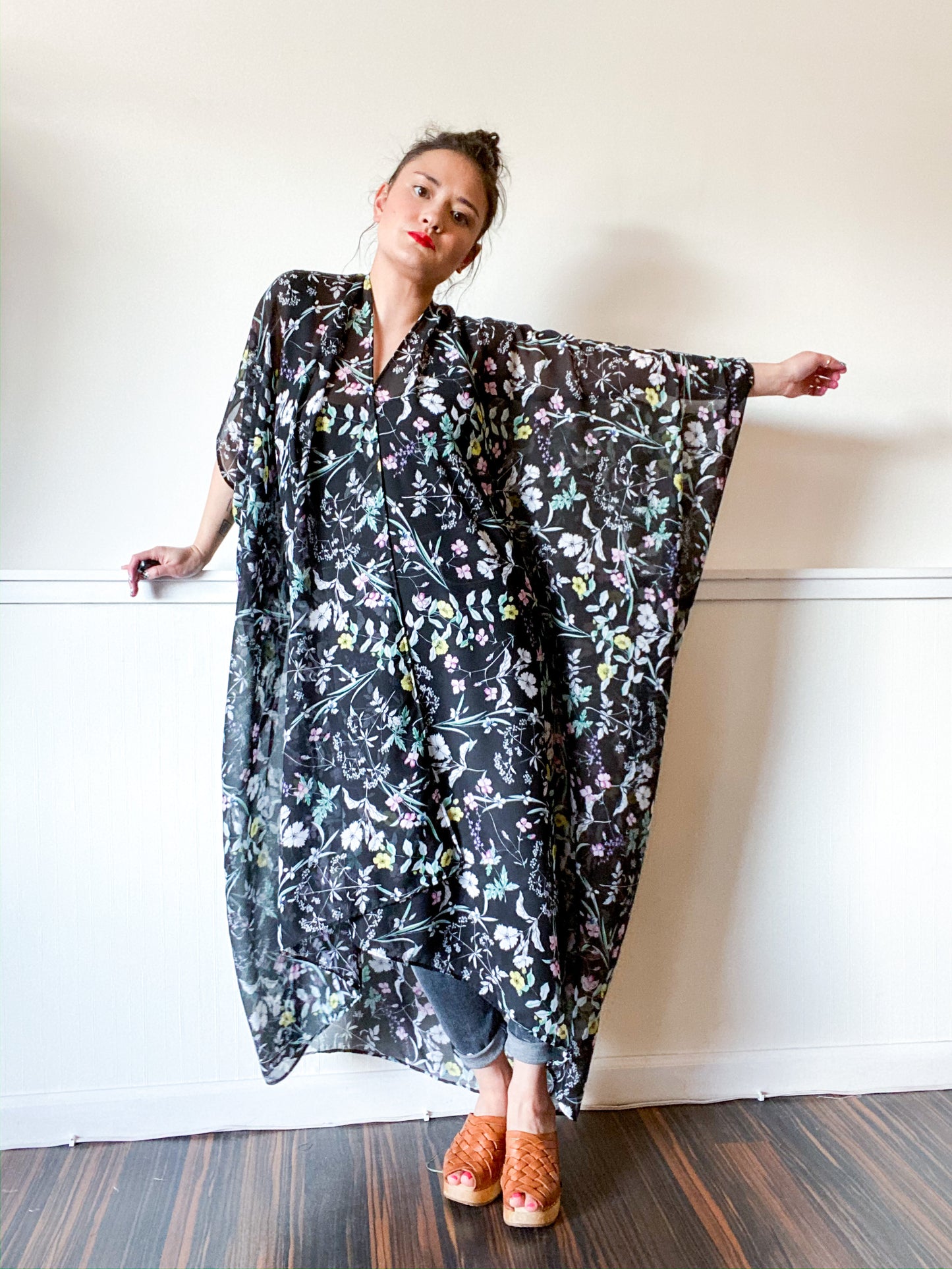 Print High Low Kimono Black Wildflower Chiffon
