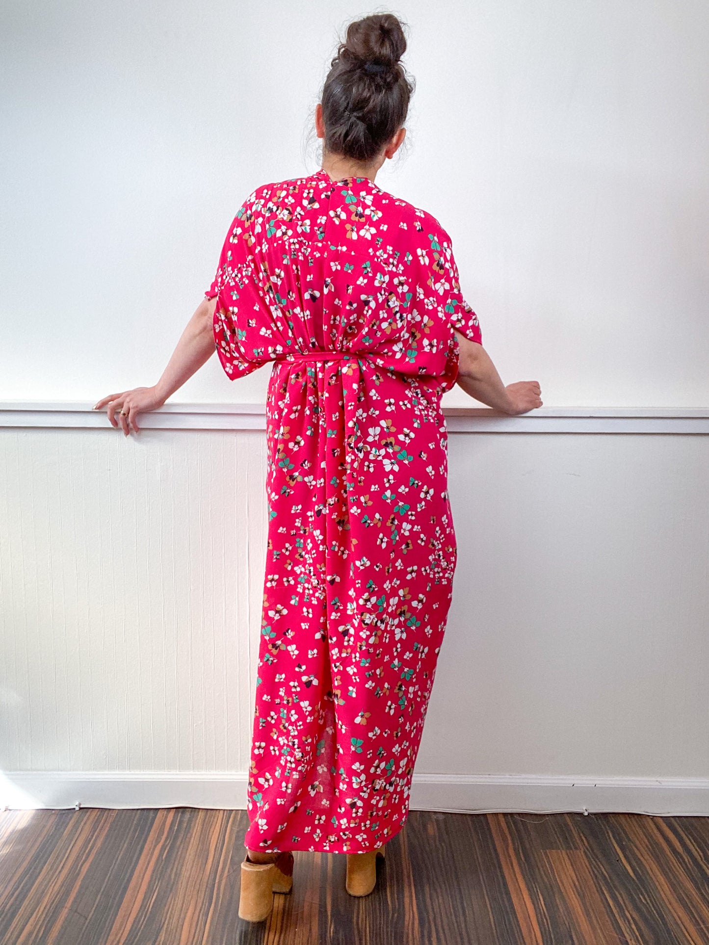Print High Low Kimono Fuchsia Floral Challis