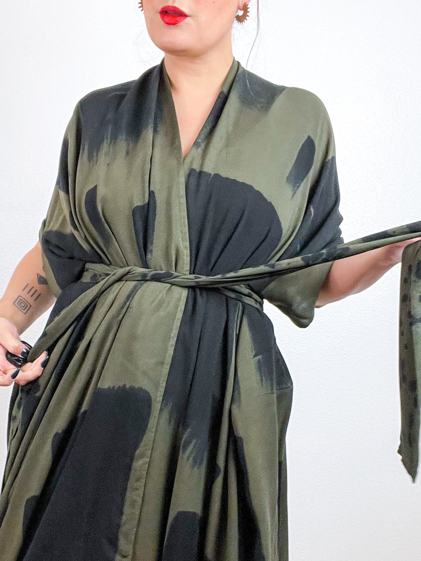 Hand-Dyed High Low Kimono Forest Black Rectangles