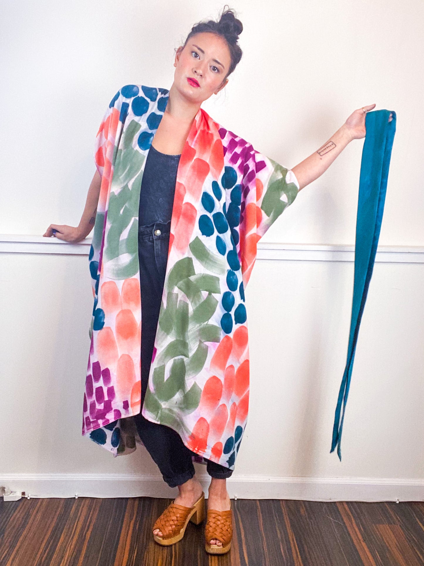 OOAK Hand-Dyed High Low Kimono Amethyst Coral Teal Sage