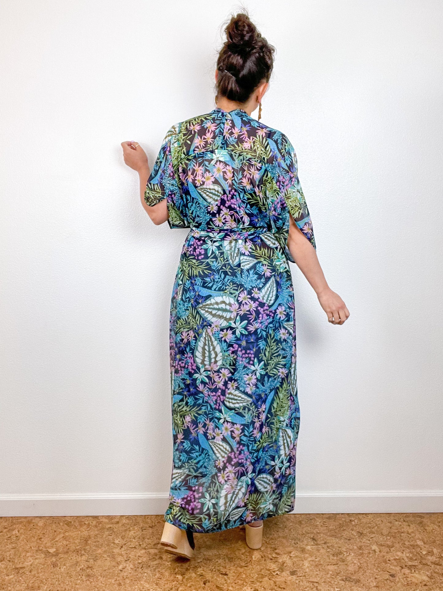 Print High Low Kimono Navy Tropical Floral Chiffon