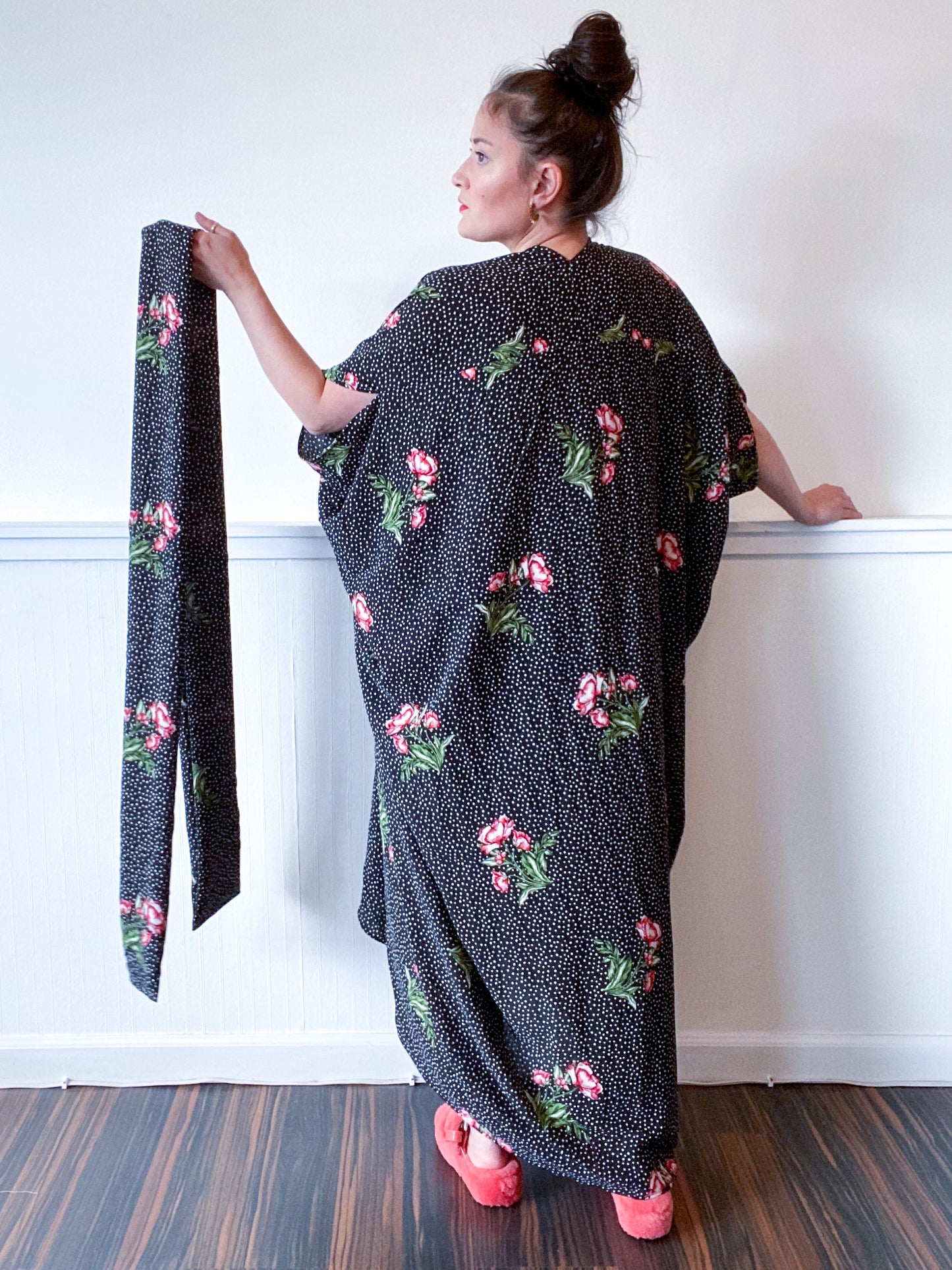 High Low Kimono Black Dots and Floral Bubble Crepe