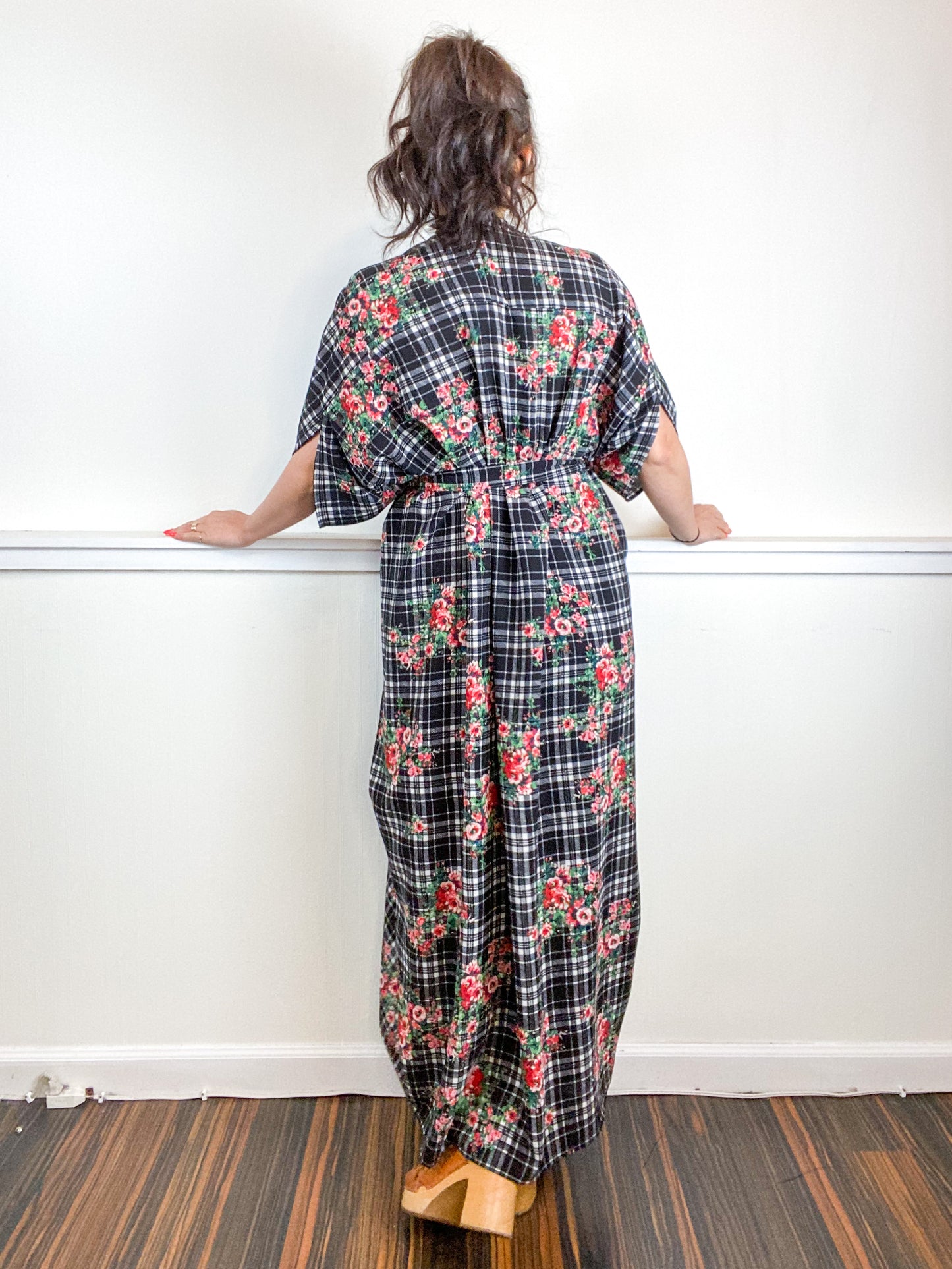 Print High Low Kimono Floral Plaid Bubble Crepe