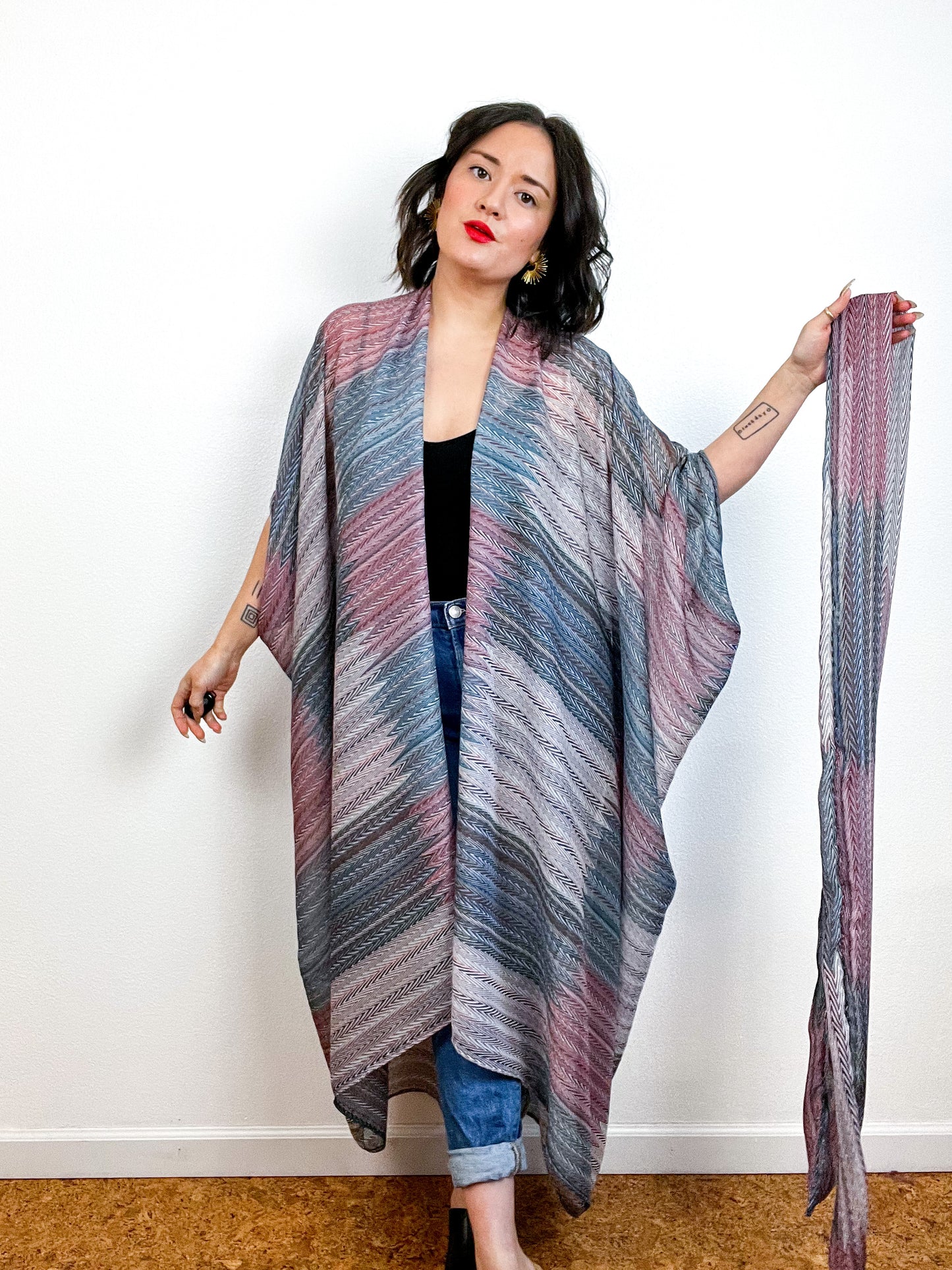 Print High Low Kimono Multi Herringbone Chiffon