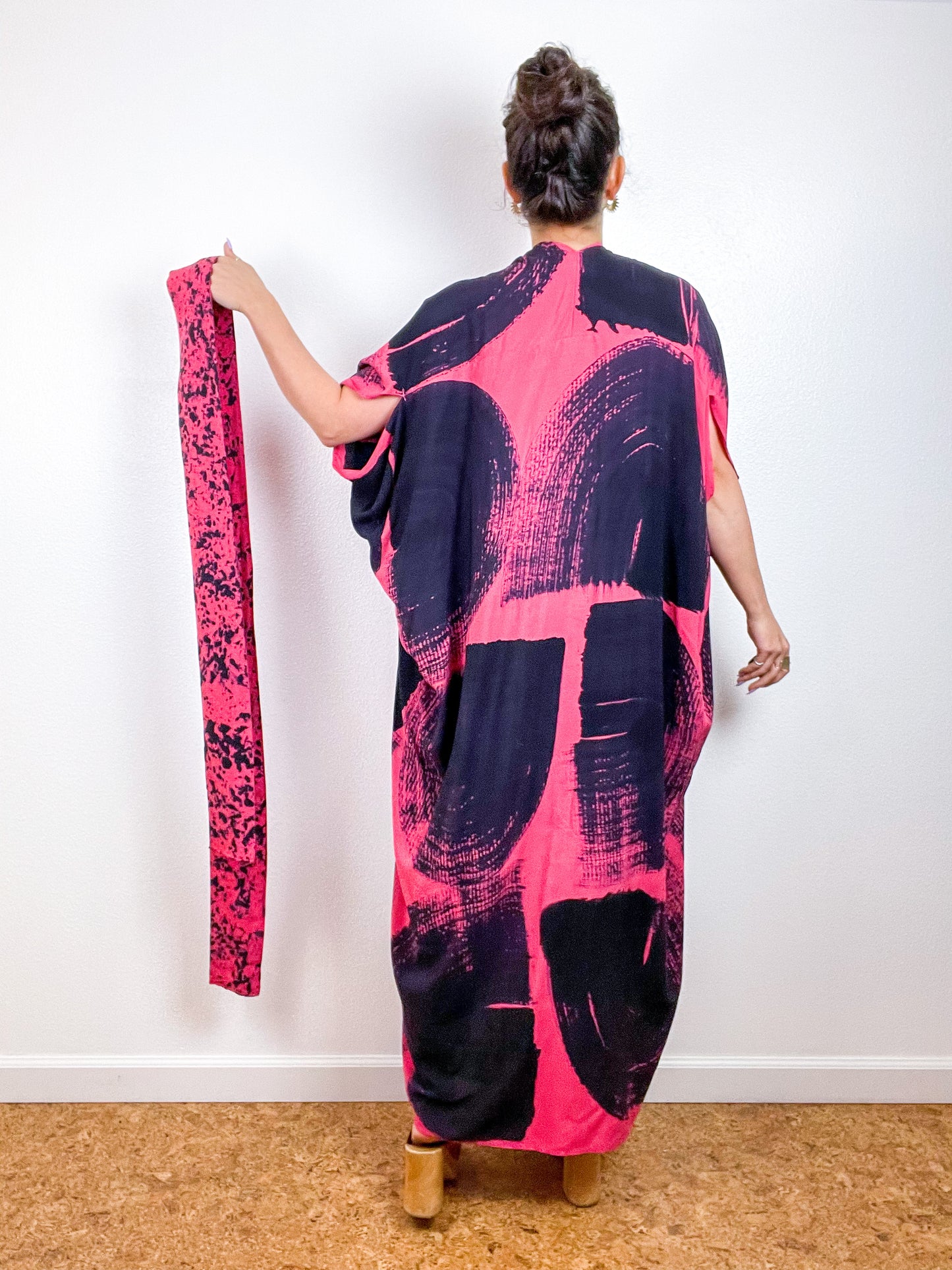 Hand-Dyed High Low Kimono Coral Black Brushstroke