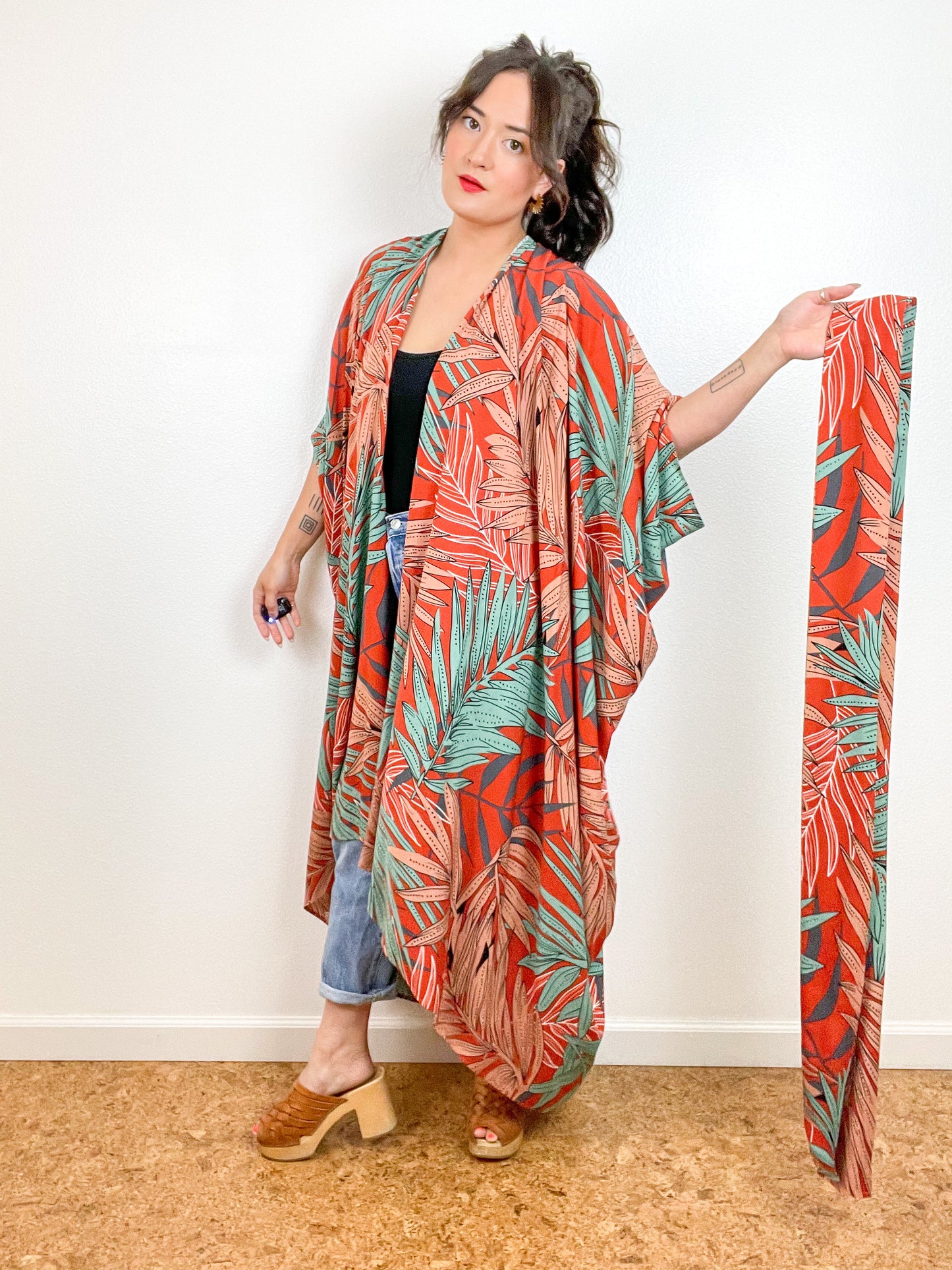 Print High Low Kimono Rust Aqua Palm Leaves Challis