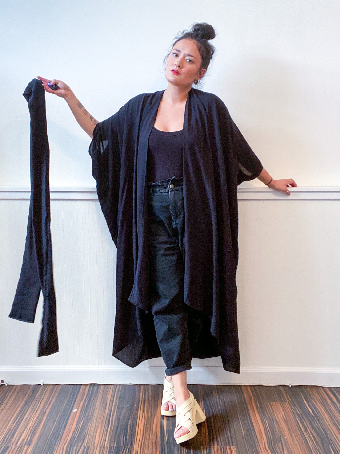 Solid High Low Kimono Black Rayon Dobby