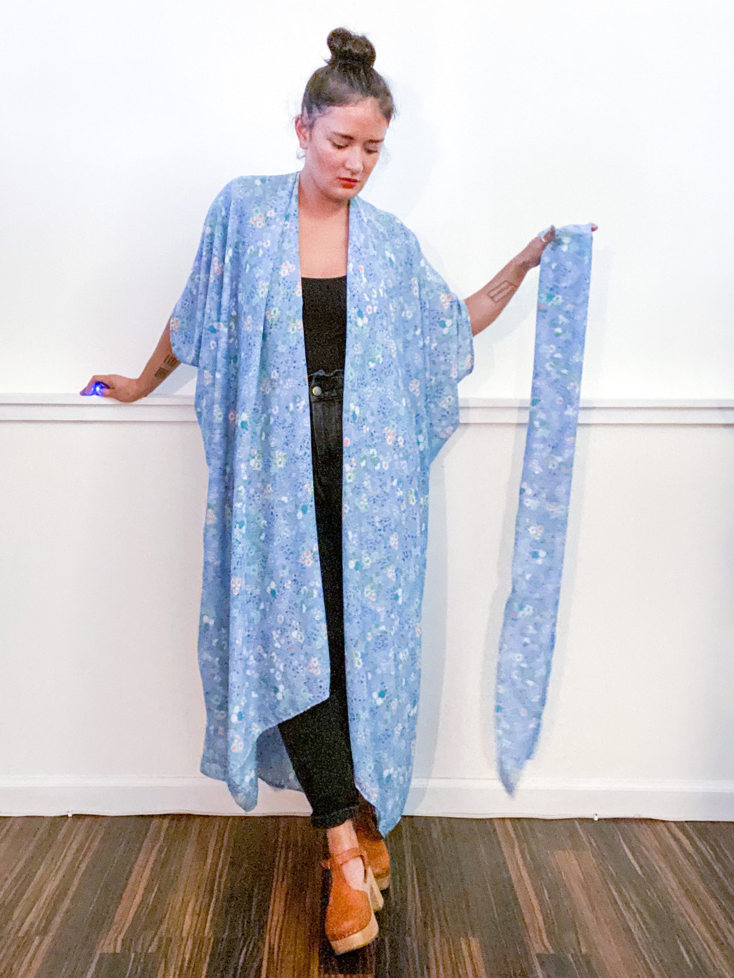 Print High Low Kimono Baby Blue Mini Floral Georgette