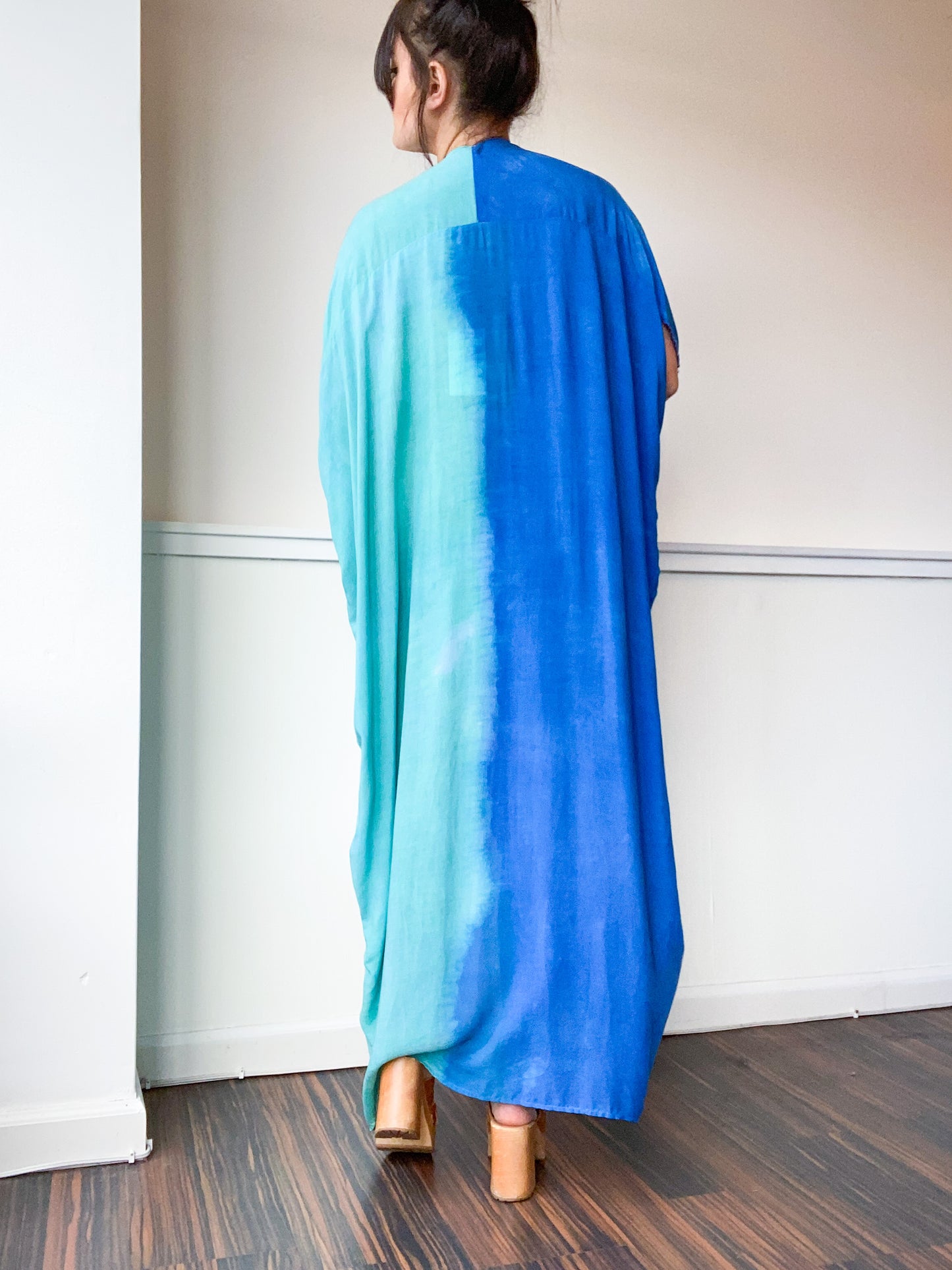Hand-Dyed High Low Long Kimono 2-Tone Aqua Blue