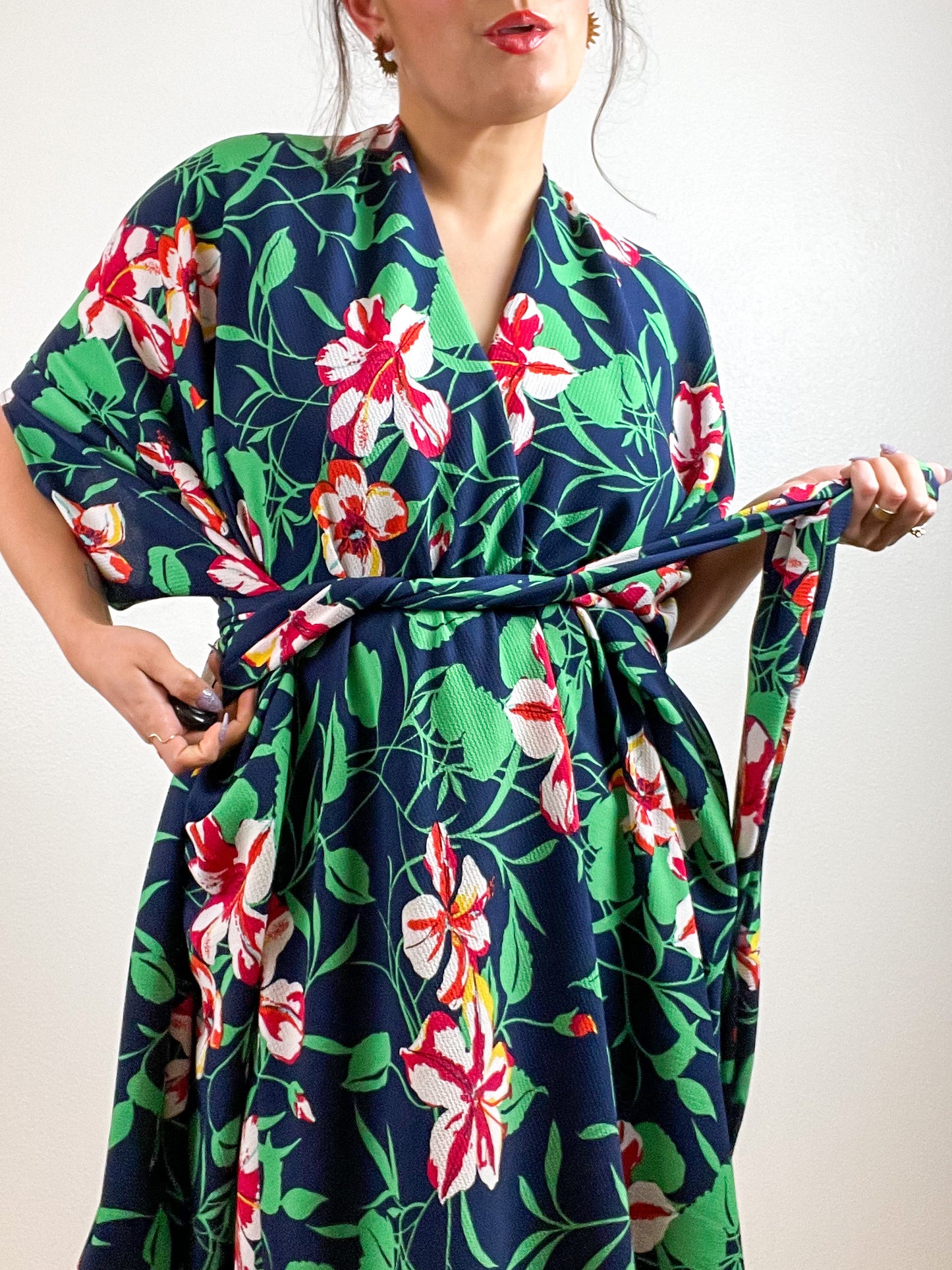 High Low Kimono Navy Hibiscus Bubble Crepe