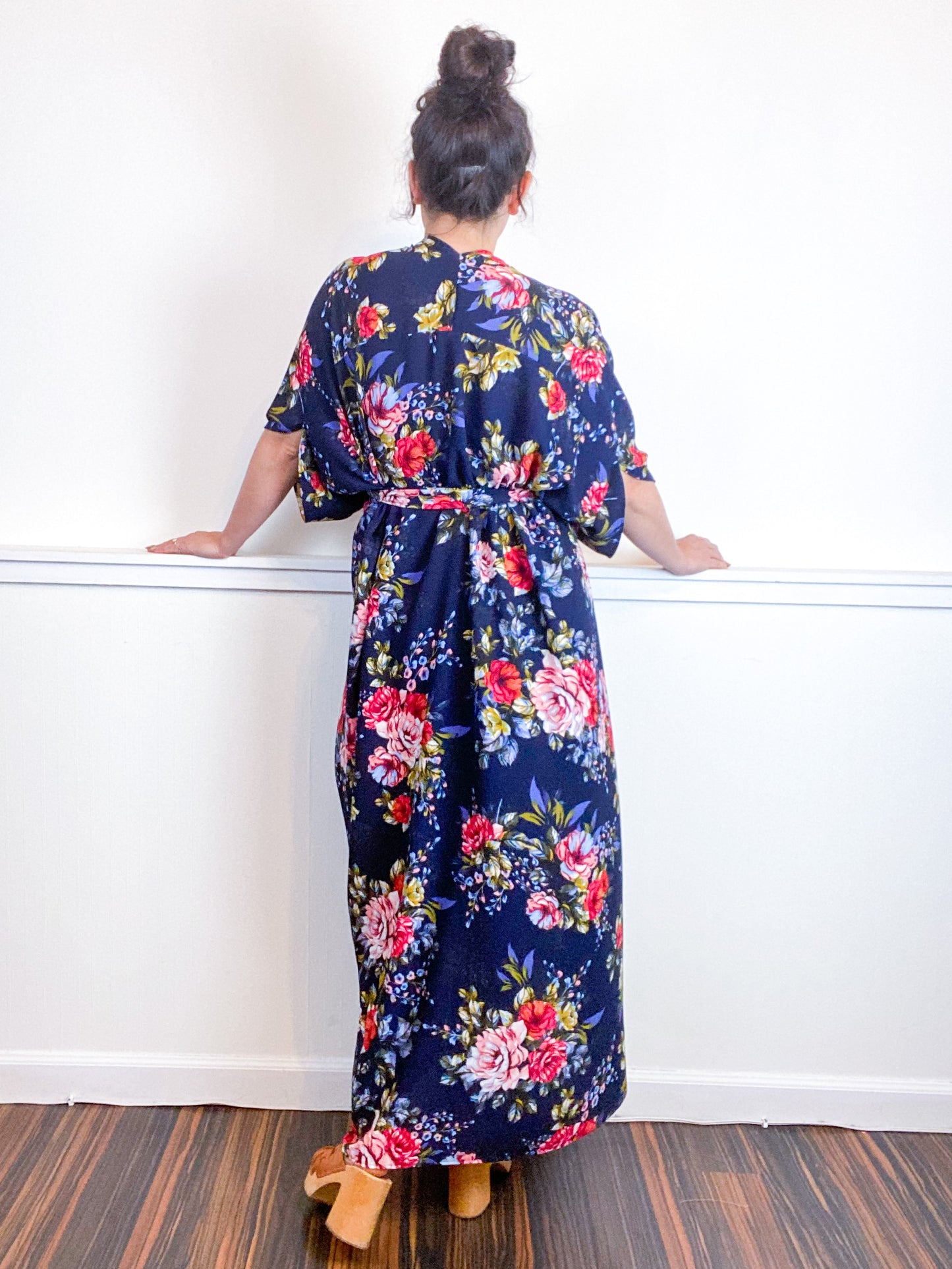 Print High Low Kimono Navy Bouquet Floral Bubble Crepe